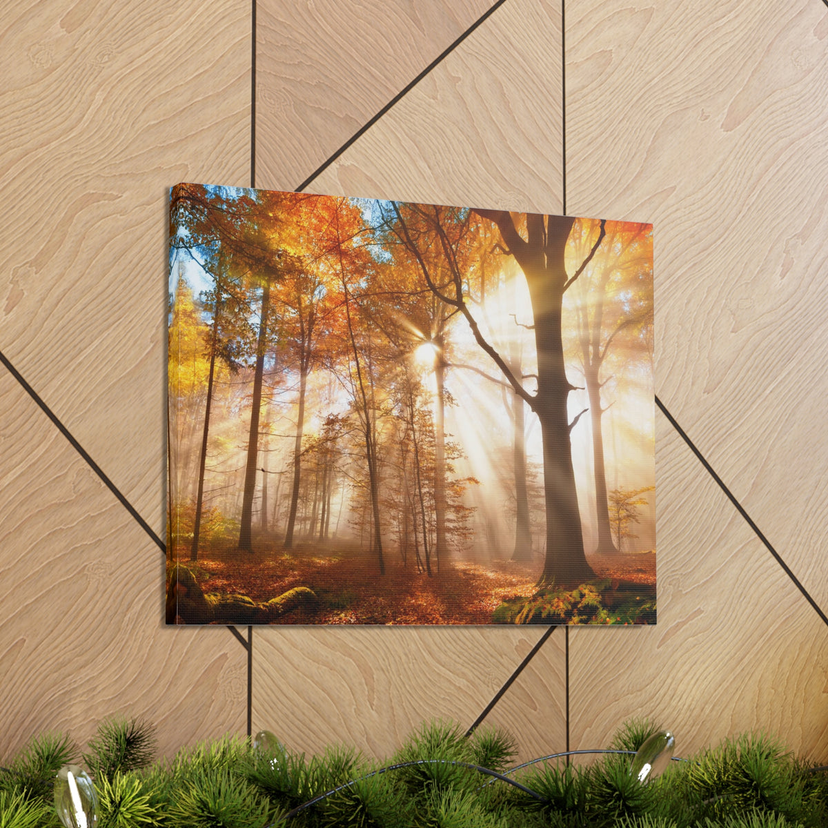 Sunlight Shine Autumn Forest Nature Wilderness Photography Canvas Wall Art for Home Decor Ready-to-Hang-Express Your Love Gifts