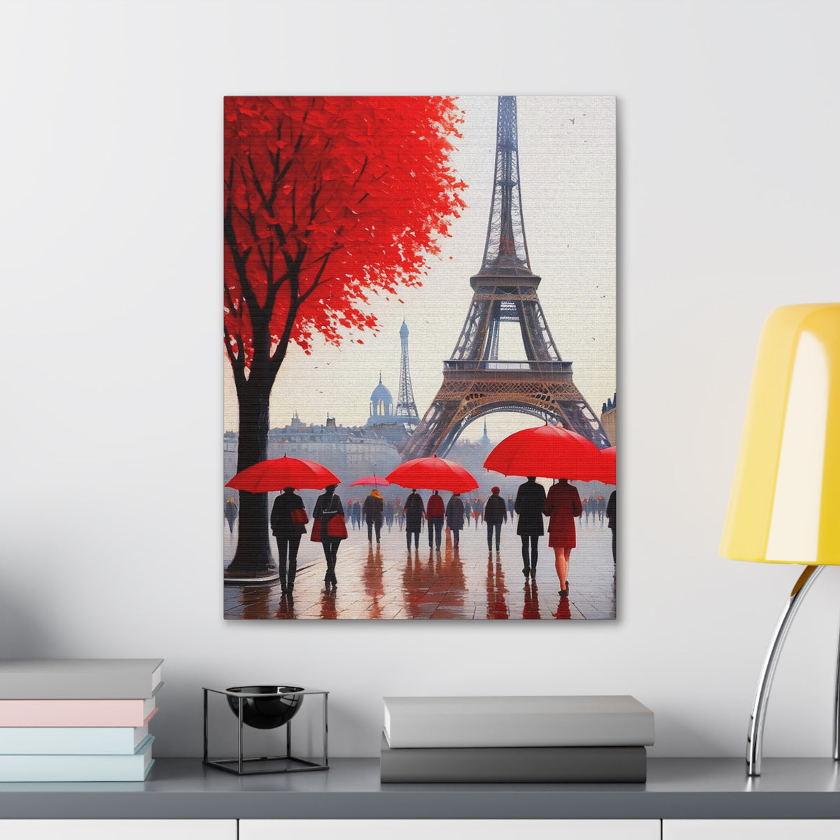 Paris Eiffel Tower Crowd With Red Umbrella France Canvas Artwork High-Quality Breathtaking French City for Home Decor Ready to Hang-Express Your Love Gifts