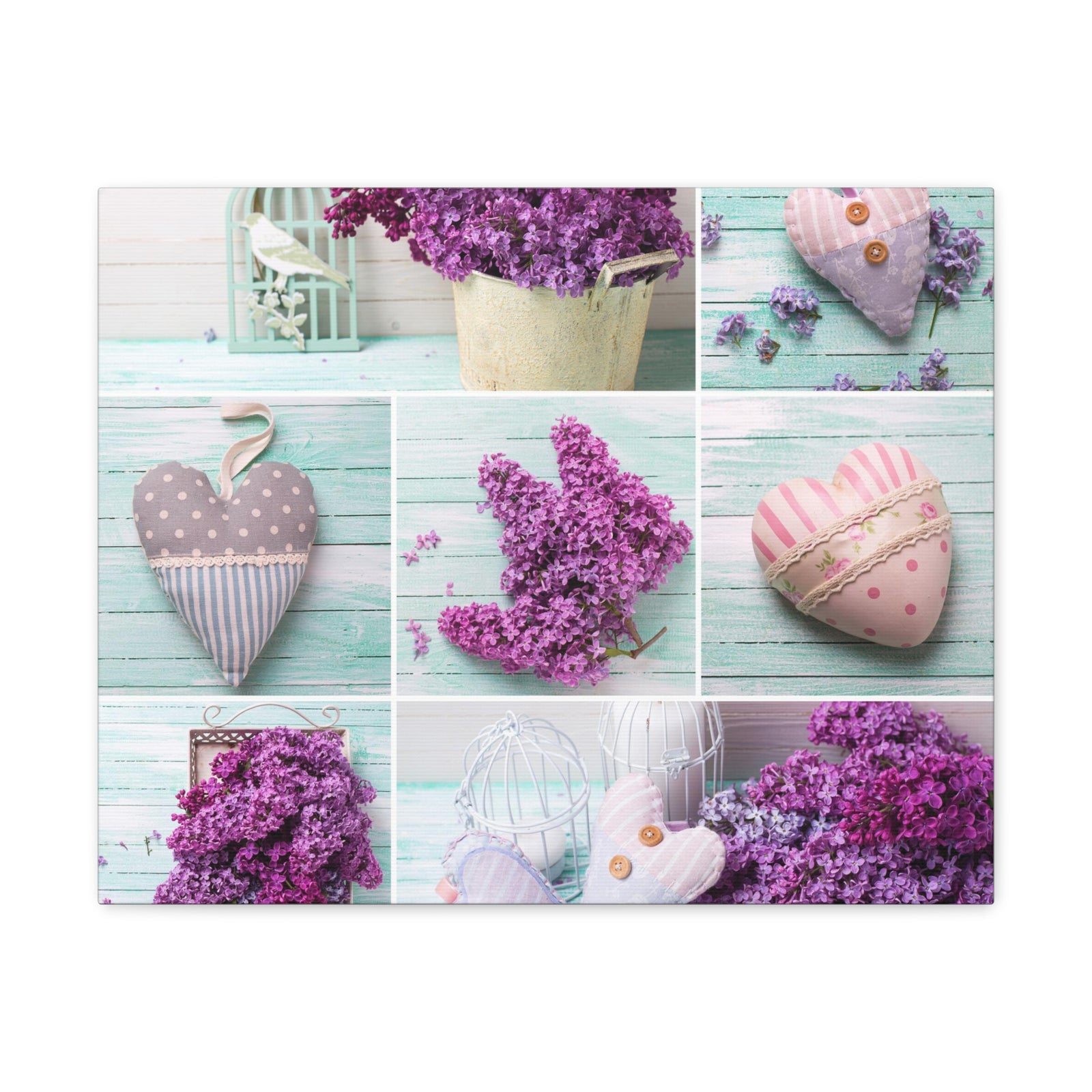 Lilac Flowers Decorative Hearts Collage On Wooden Plank Canvas Wall Art for Home Decor Ready-to-Hang-Express Your Love Gifts