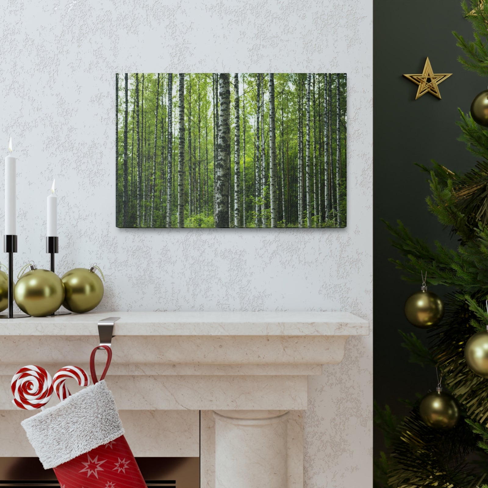 White Birch Trees in Green Forest Nature Wilderness Photography Canvas Wall Art for Home Decor Ready-to-Hang-Express Your Love Gifts