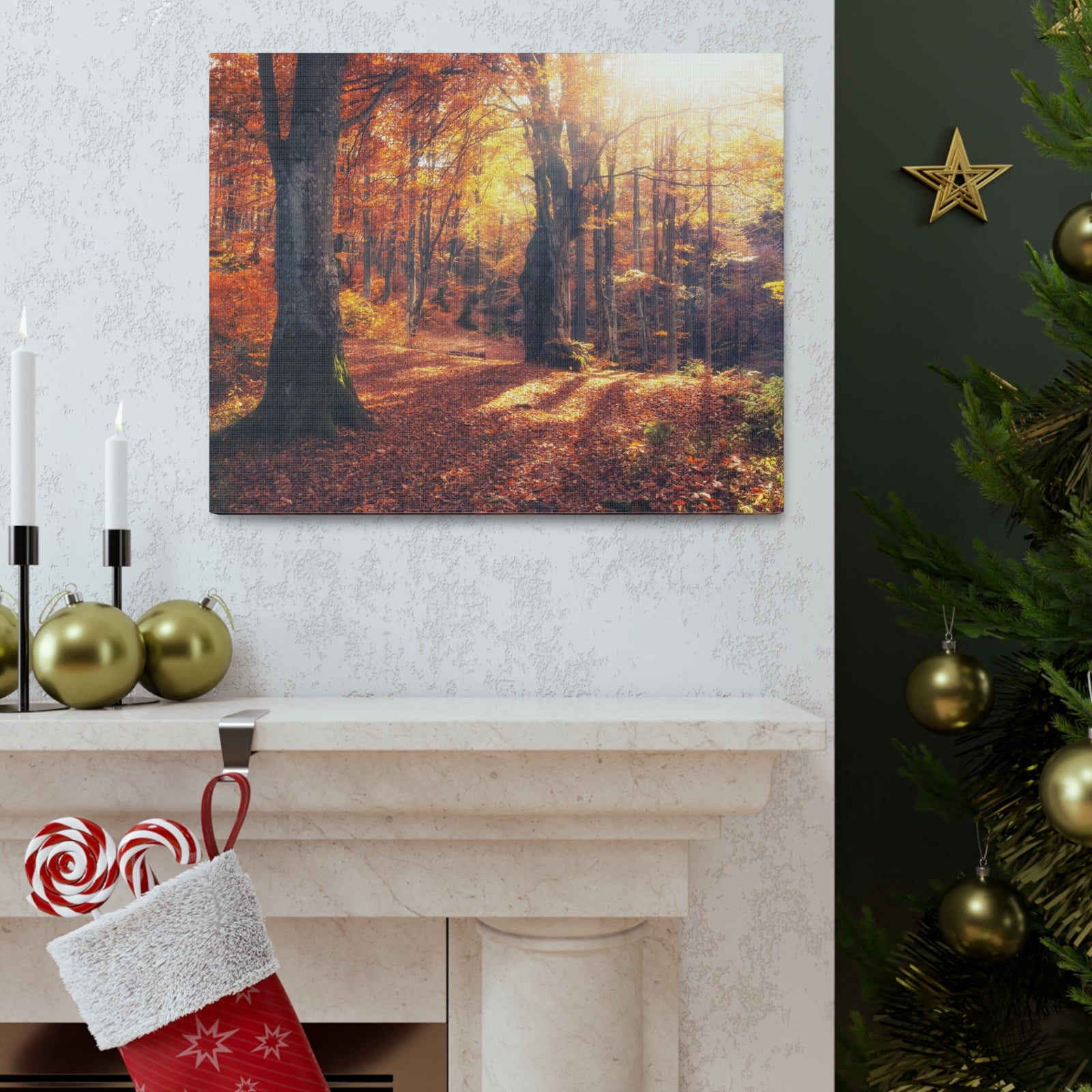 Orange Tree Sunlight Autumn Forest Nature Wilderness Photography Canvas Wall Art for Home Decor Ready-to-Hang-Express Your Love Gifts