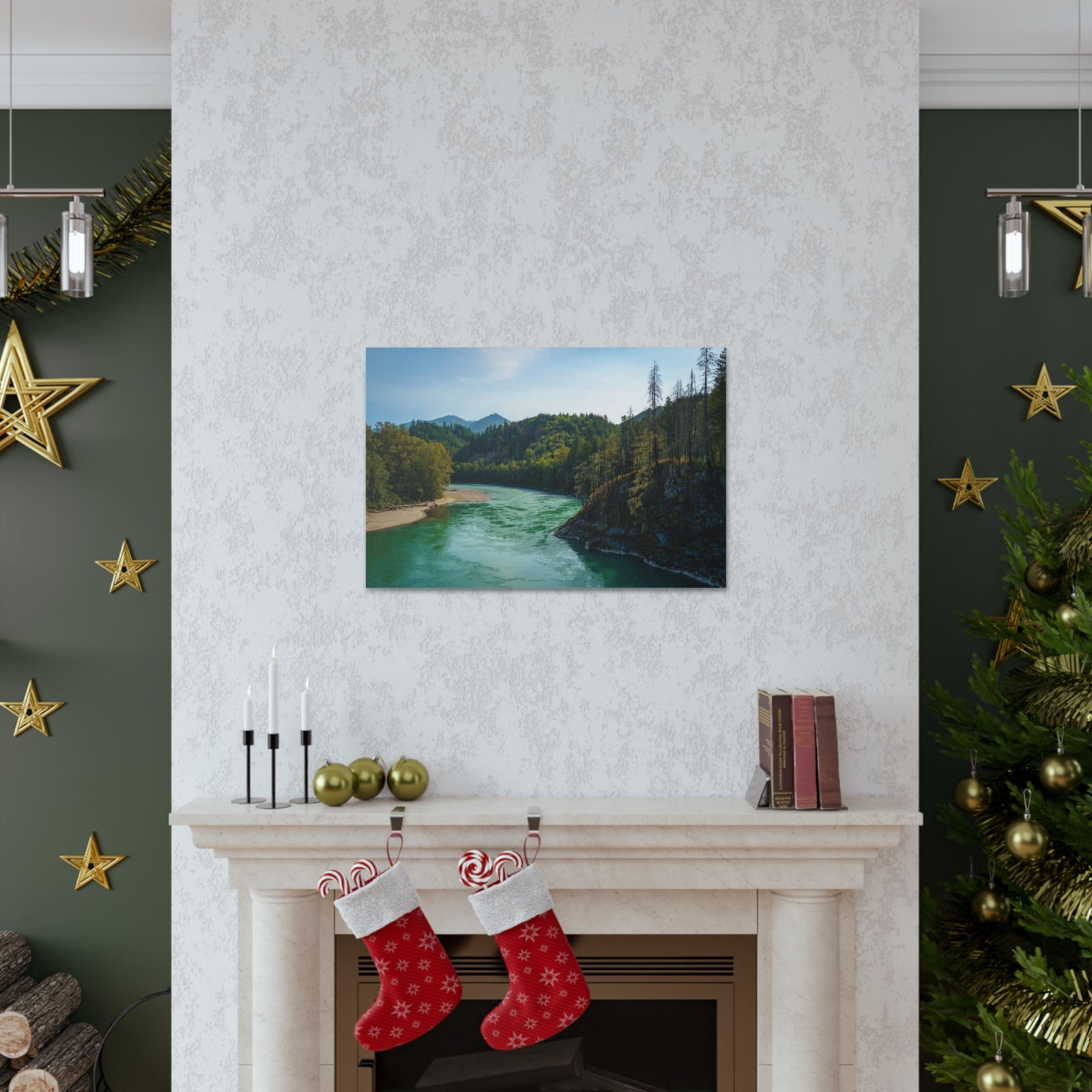 River Through Pine Tree Green Forest Nature Wilderness Photography Canvas Wall Art for Home Decor Ready-to-Hang-Express Your Love Gifts