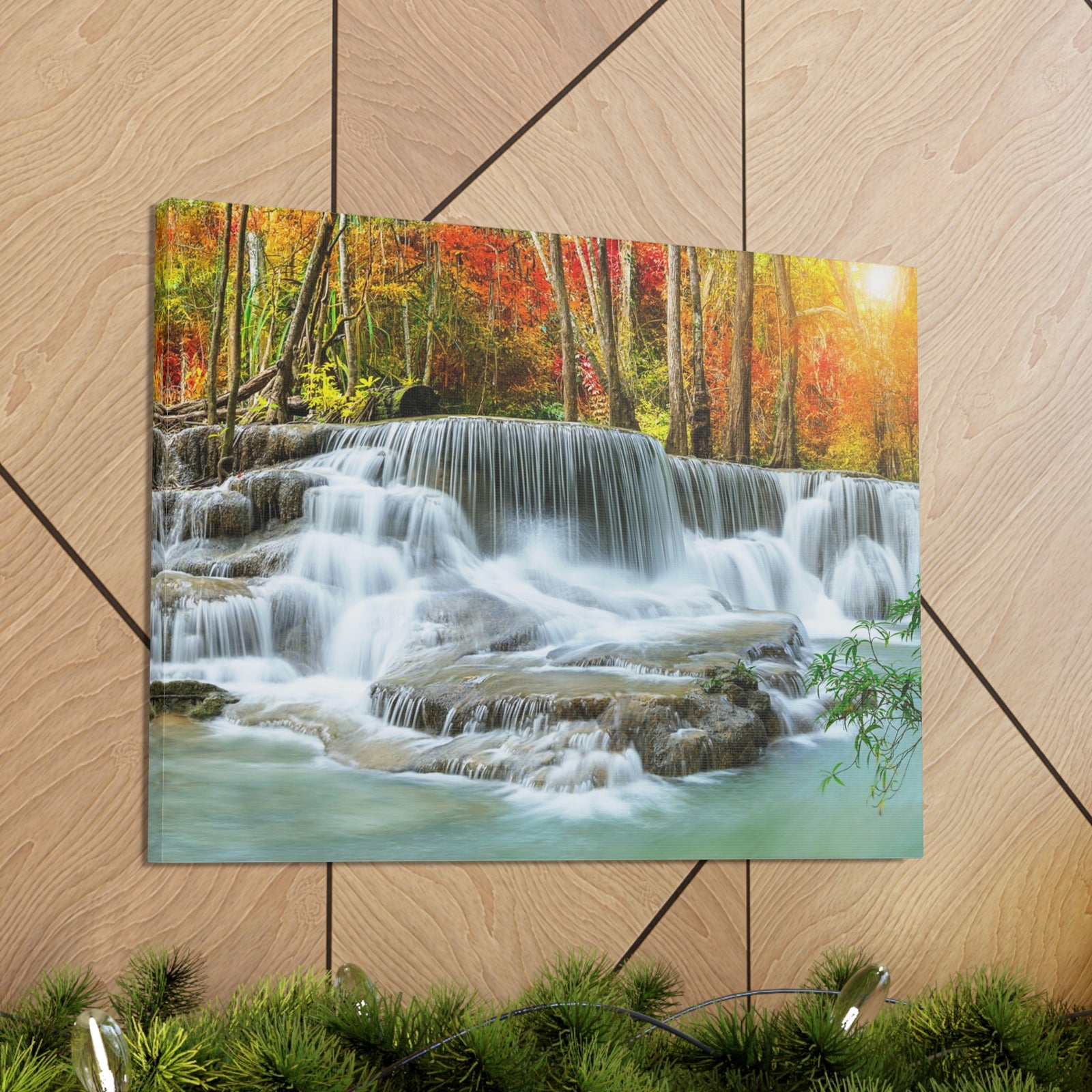 Cascading Autumn Forest Waterfall Nature Wilderness Photography Canvas Wall Art for Home Decor Ready-to-Hang-Express Your Love Gifts