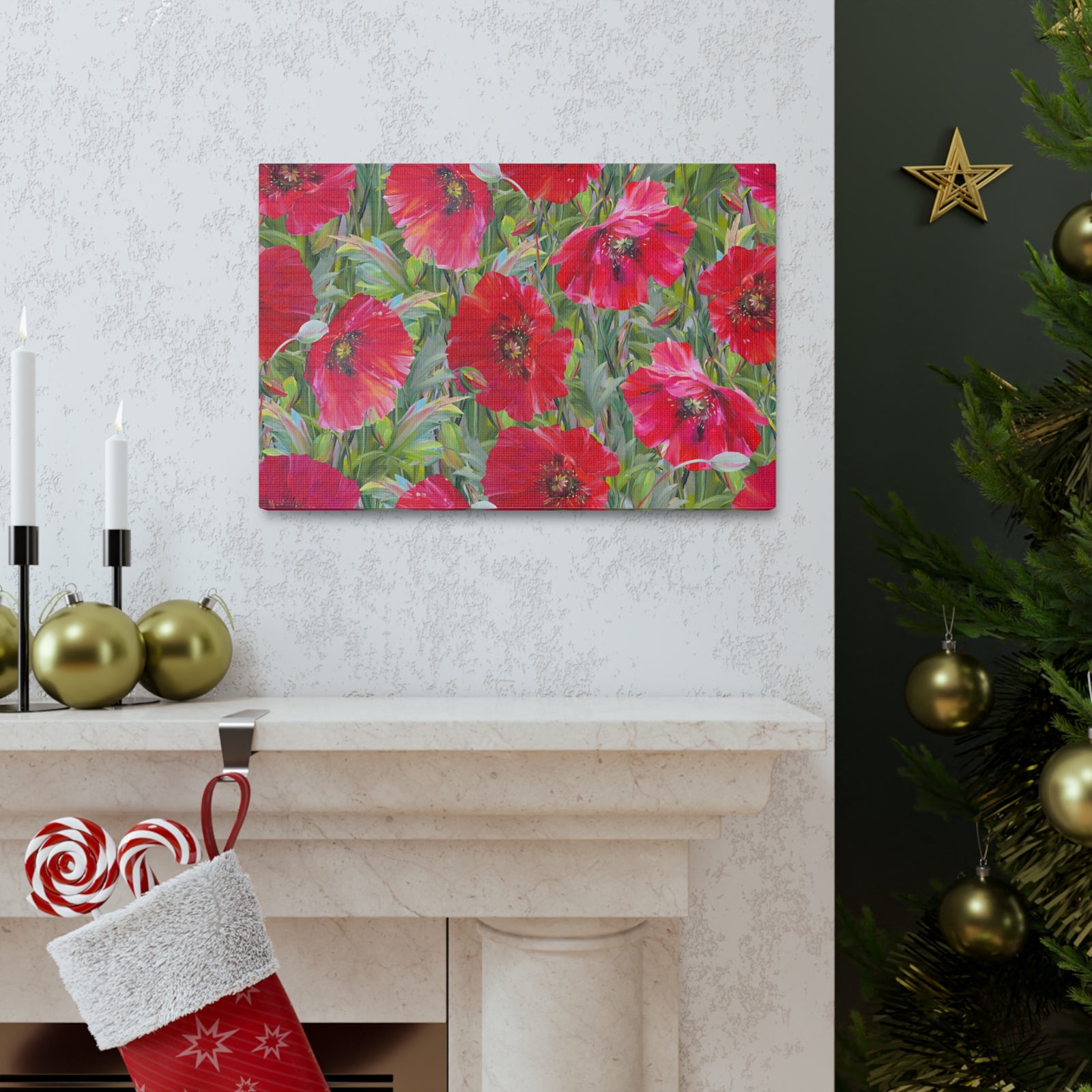 Seamless Floral Pattern Red Poppies Flower Canvas Wall Art for Home Decor Ready-to-Hang-Express Your Love Gifts