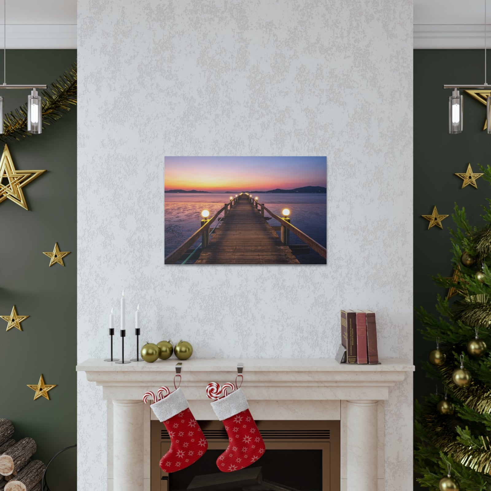 Sunset Wooden Bridge Lake View Nature Wilderness Photography Canvas Wall Art for Home Decor Ready-to-Hang-Express Your Love Gifts