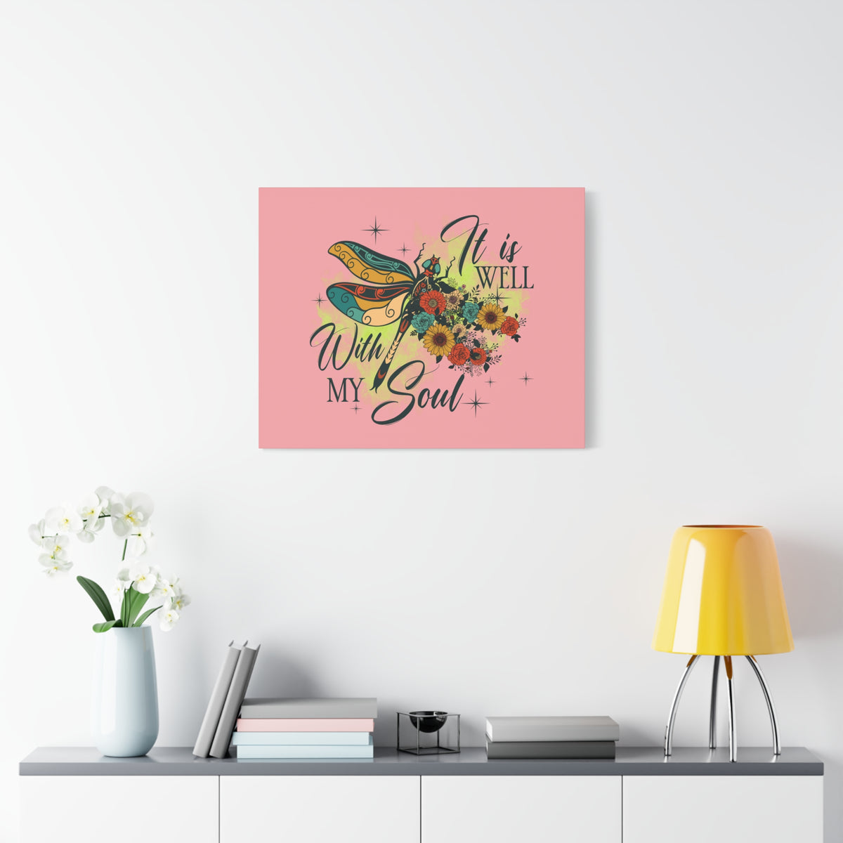 Scripture Canvas It Is Well Psalm 42:7 Dragonfly Green Christian Wall Art Bible Verse Print Ready to Hang-Express Your Love Gifts