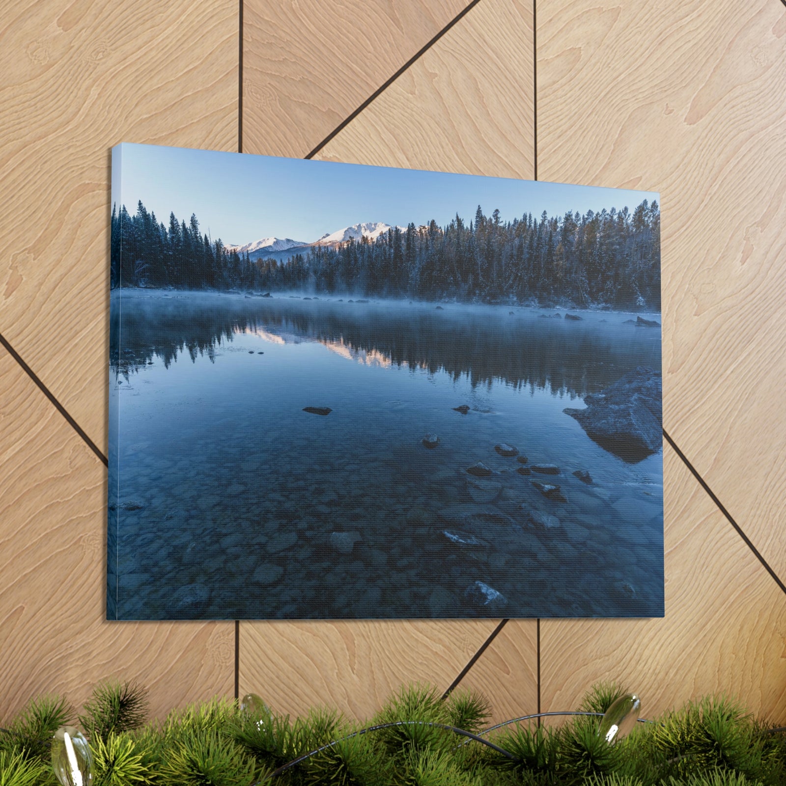 Clear Winter Lake Pine Tree Mountain Nature Wilderness Photography Canvas Wall Art for Home Decor Ready-to-Hang-Express Your Love Gifts