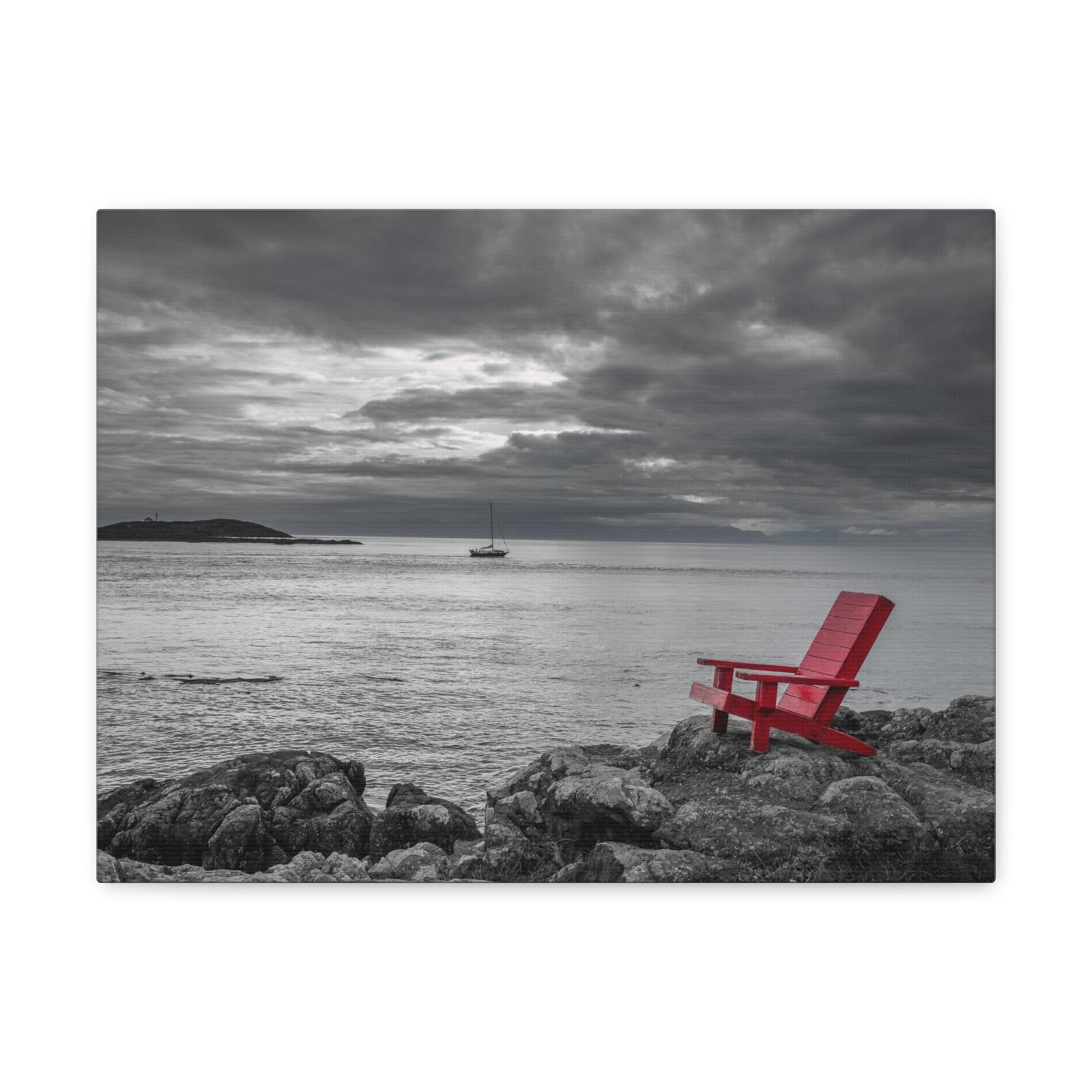 Red Chair On Ocean Side Rocks Ocean Canvas Wall Art for Home Decor Ready-to-Hang-Express Your Love Gifts