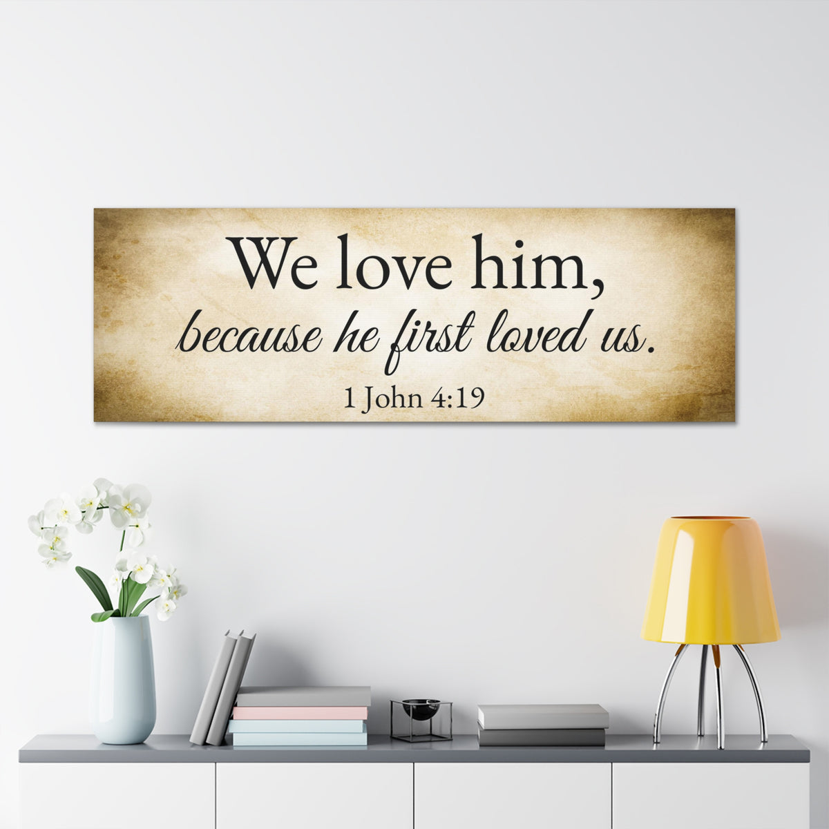 Scripture Walls 1 John 4:19 Gold Bible Verse Canvas Christian Wall Art Ready to Hang Unframed-Express Your Love Gifts