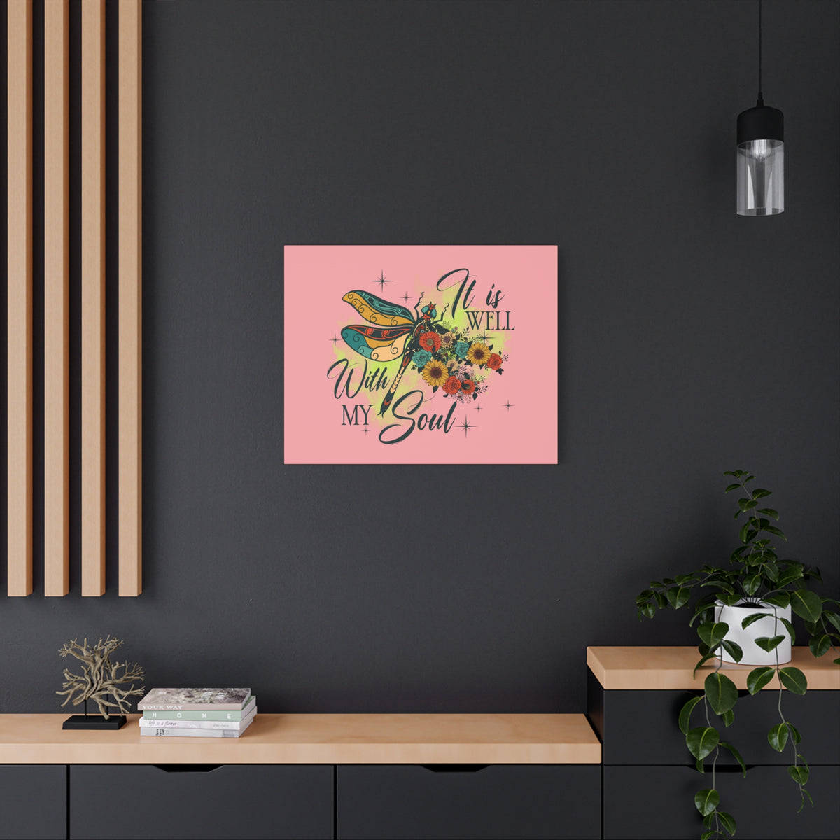 Scripture Canvas It Is Well Psalm 42:7 Dragonfly Green Christian Wall Art Bible Verse Print Ready to Hang-Express Your Love Gifts