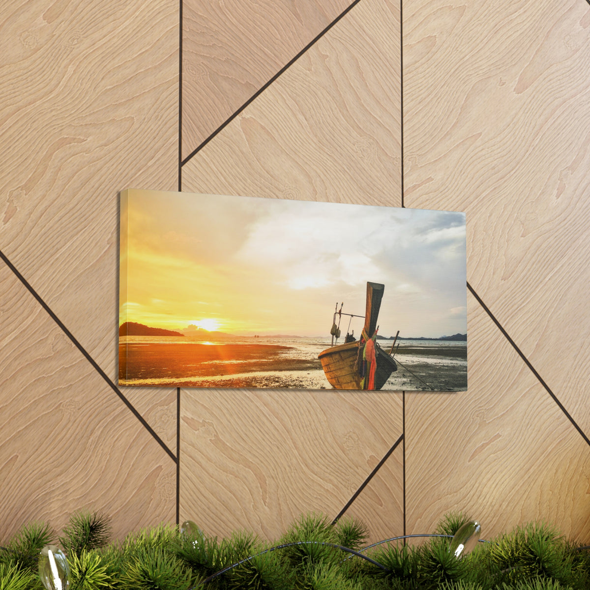 Longtail Boat Sunset Time Ocean Canvas Wall Art for Home Decor Ready-to-Hang-Express Your Love Gifts
