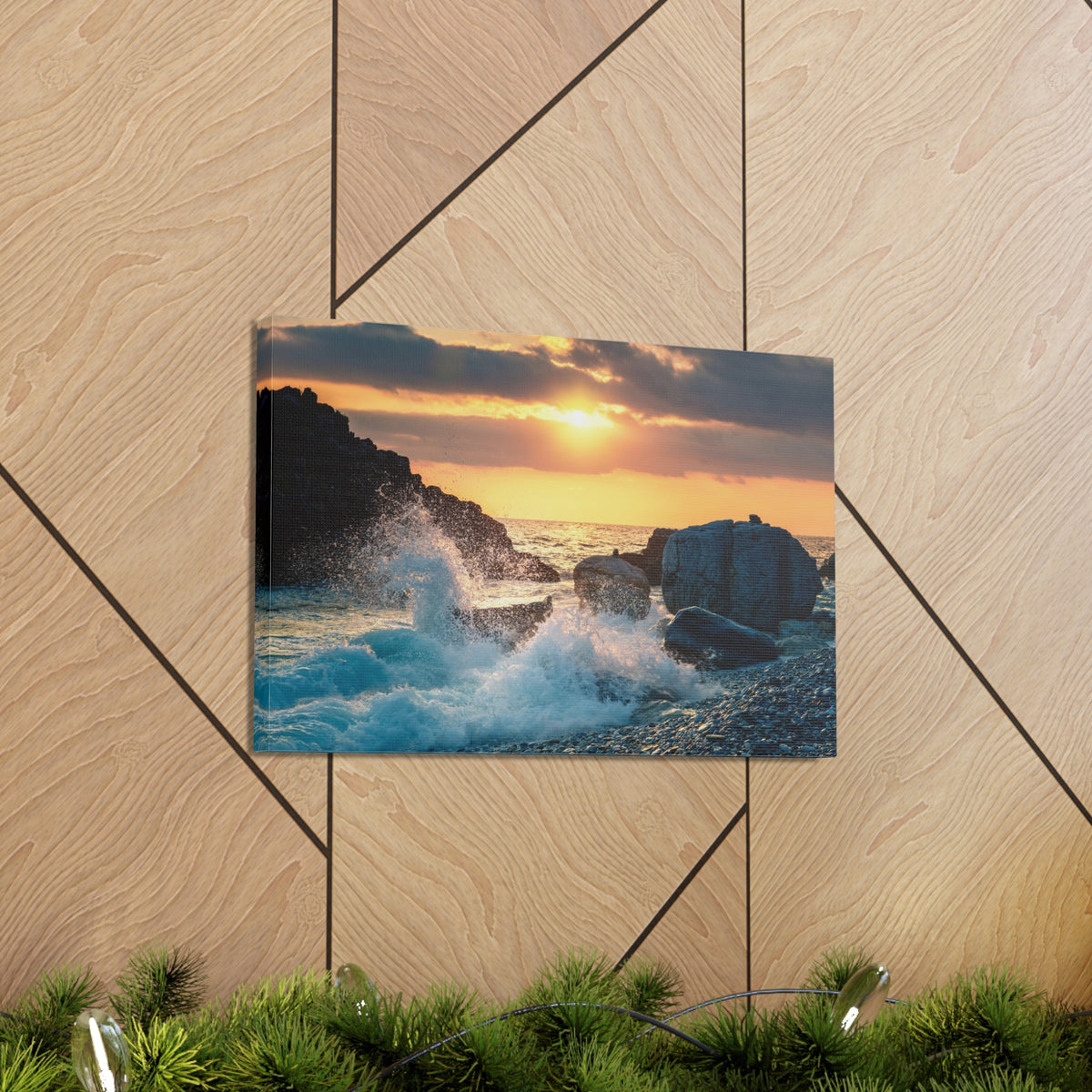 Sea Ocean Wave Hit Rock Beach Sunset Seascape Ocean Canvas Wall Art for Home Decor Ready-to-Hang-Express Your Love Gifts
