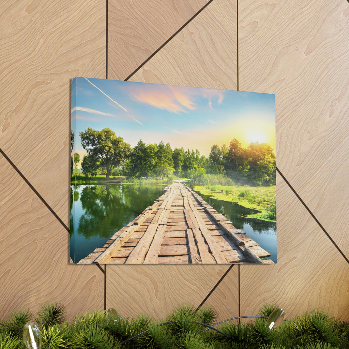 Lake at Dawn Wooden Bridge Nature Wilderness Photography Canvas Wall Art for Home Decor Ready-to-Hang-Express Your Love Gifts