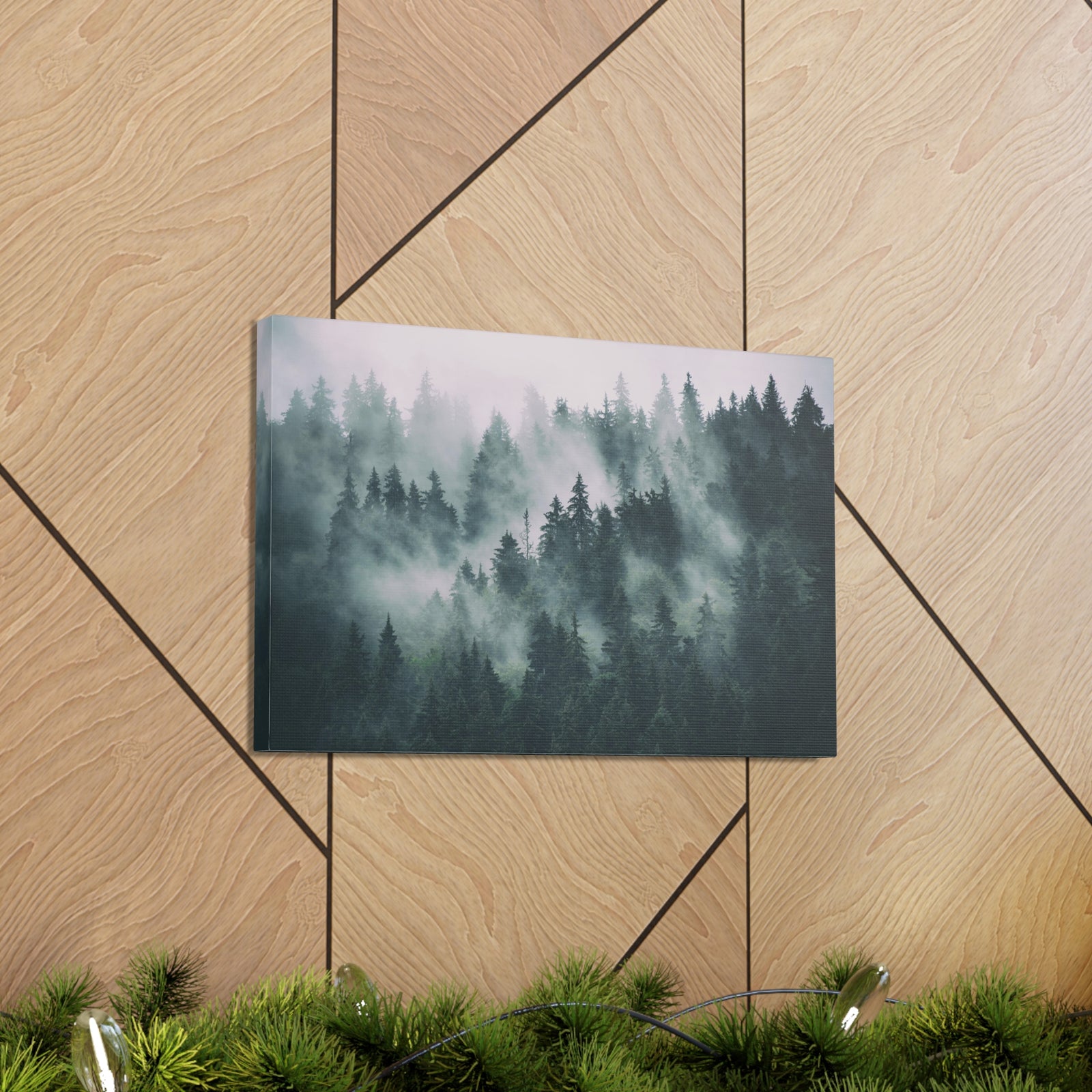 Misty Green Forest Pine Tree Nature Wilderness Photography Canvas Wall Art for Home Decor Ready-to-Hang-Express Your Love Gifts