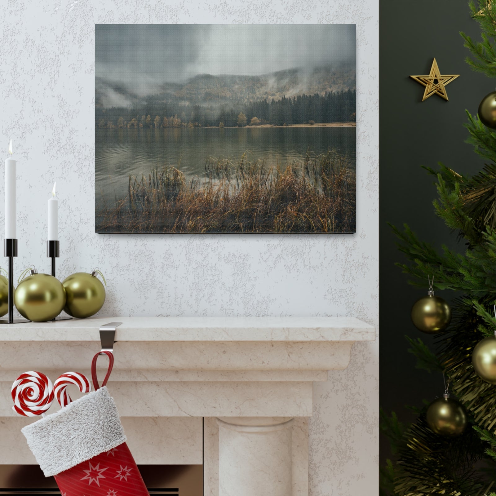 Misty Mountain Lake Reflection Nature Wilderness Photography Canvas Wall Art for Home Decor Ready-to-Hang-Express Your Love Gifts