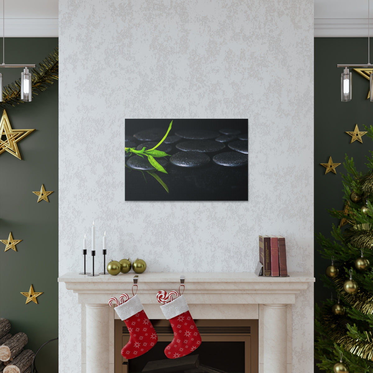 Green Bamboo on Stones Forest Floral Nature Photography Canvas Wall Art for Home Decor Ready-to-Hang-Express Your Love Gifts