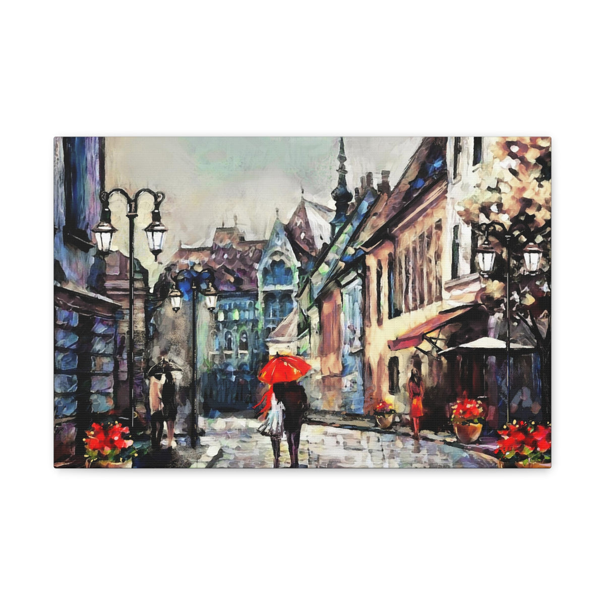 Paris Street View Couple With Red Umbrella France Canvas Artwork High-Quality Breathtaking French City for Home Decor Ready to Hang-Express Your Love Gifts