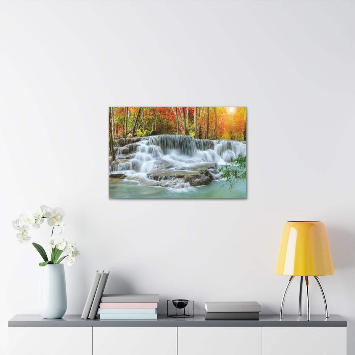 Cascading Autumn Forest Waterfall Nature Wilderness Photography Canvas Wall Art for Home Decor Ready-to-Hang-Express Your Love Gifts