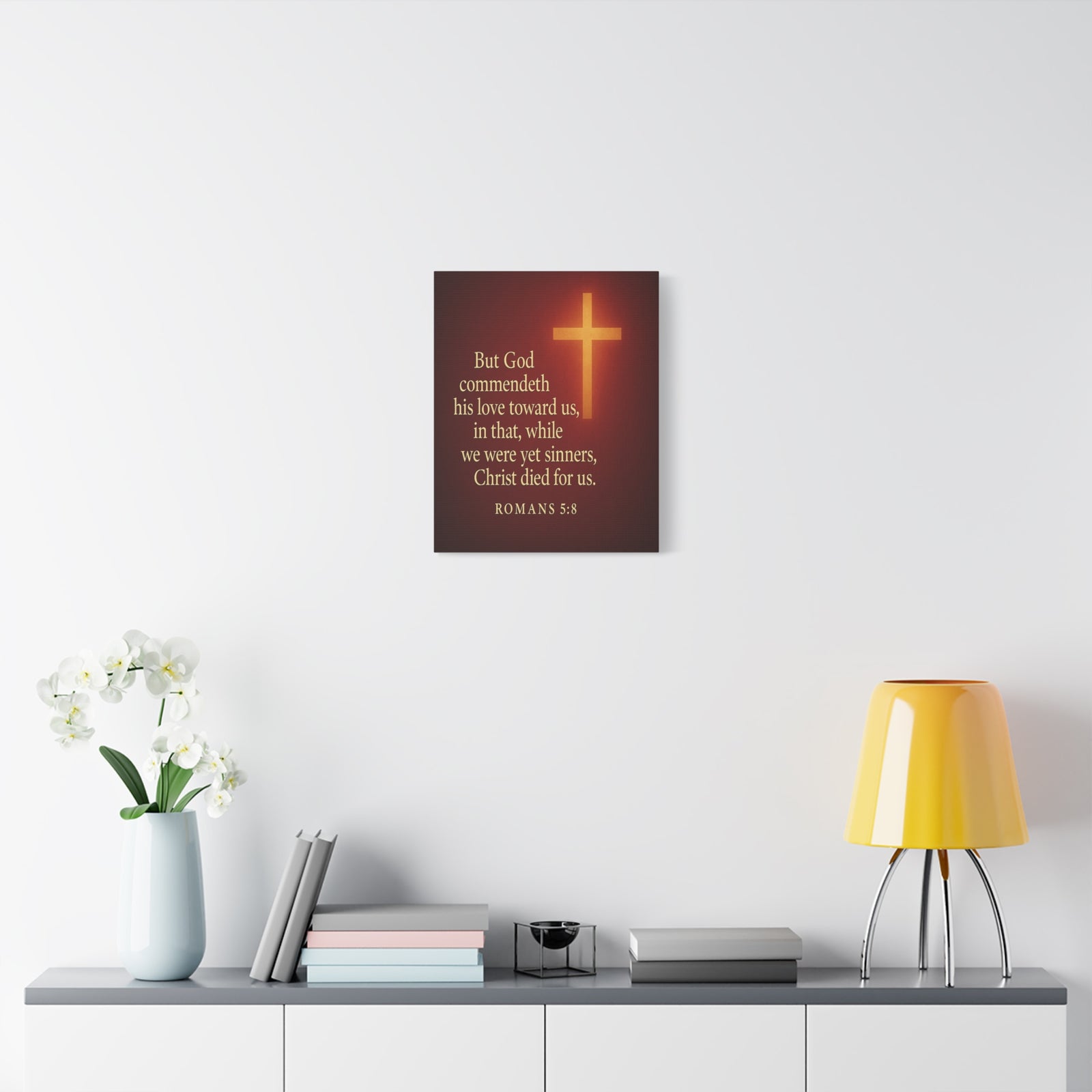 Bible Verse Canvas Romans 5:8 Christian Home Décor Wall Art Scripture Ready to Hang Faith Print-Express Your Love Gifts
