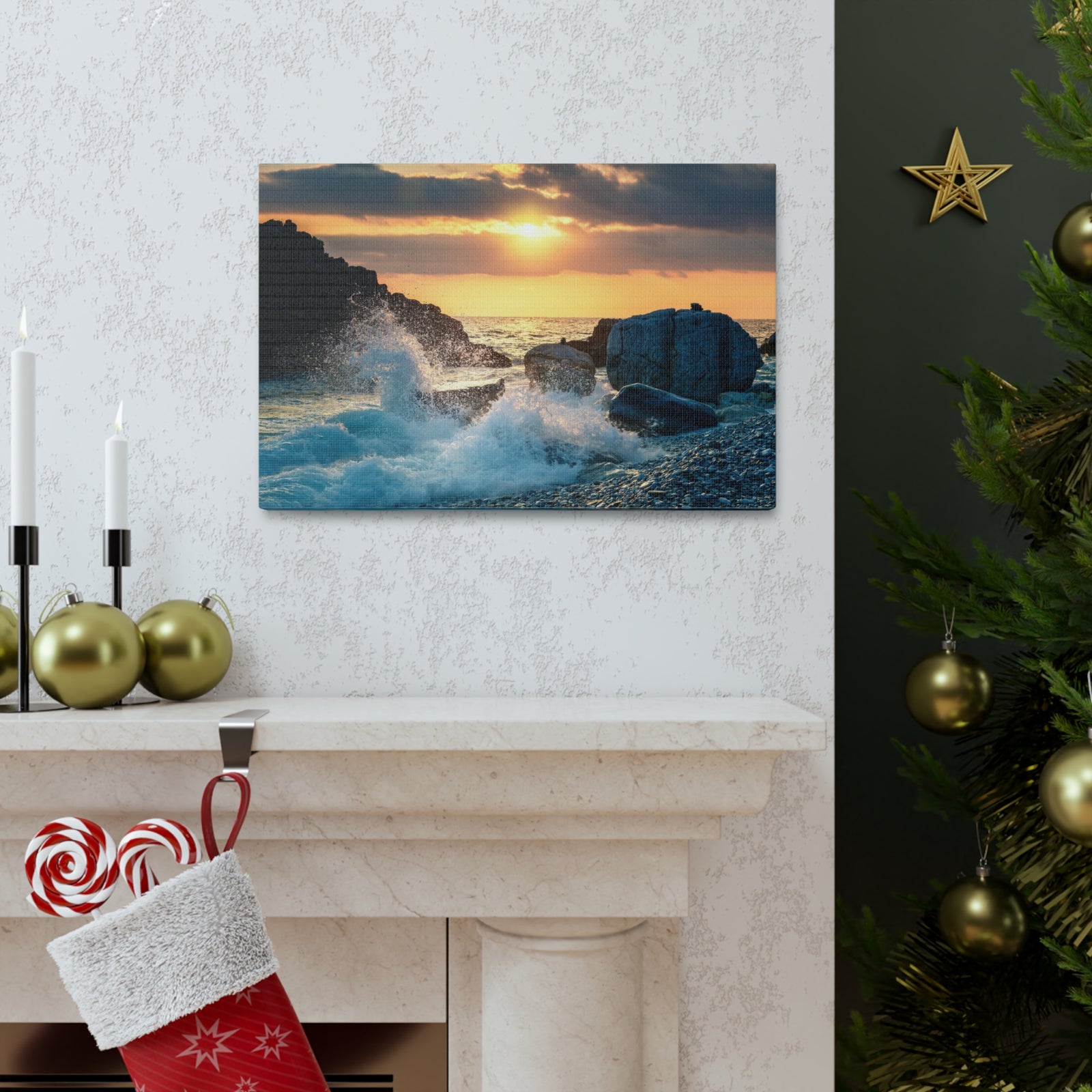 Sea Ocean Wave Hit Rock Beach Sunset Seascape Ocean Canvas Wall Art for Home Decor Ready-to-Hang-Express Your Love Gifts