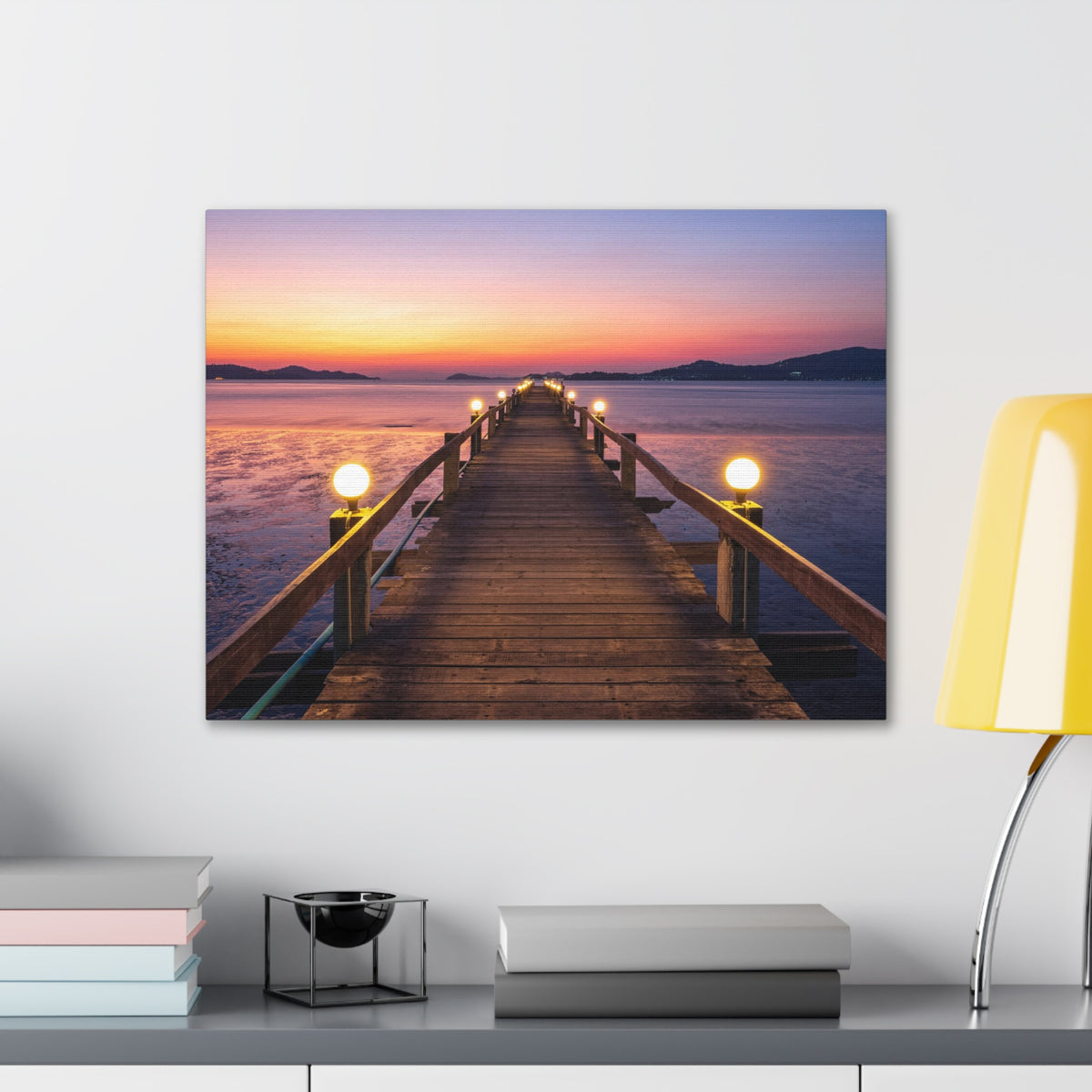 Sunset Wooden Bridge Lake View Nature Wilderness Photography Canvas Wall Art for Home Decor Ready-to-Hang-Express Your Love Gifts