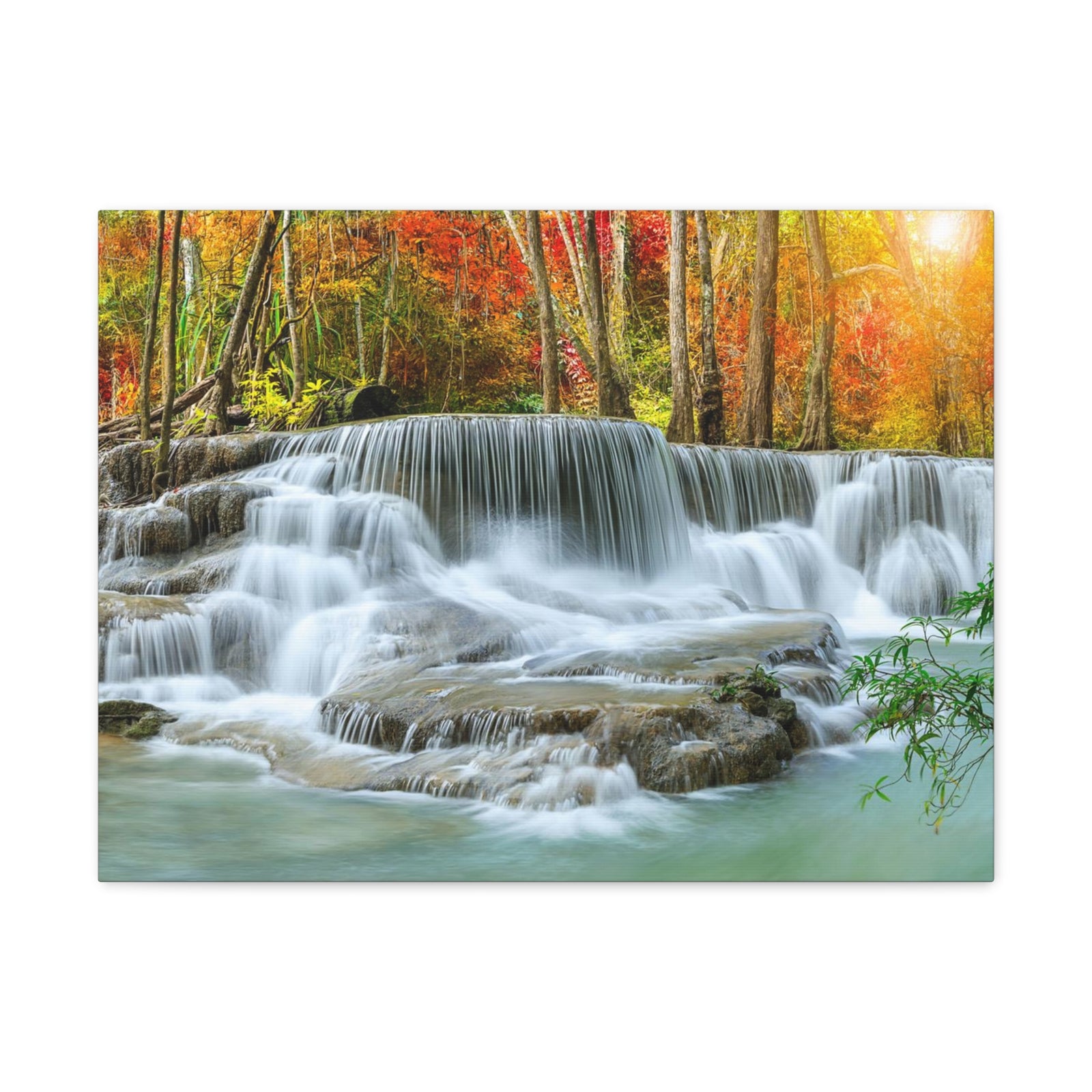 Cascading Autumn Forest Waterfall Nature Wilderness Photography Canvas Wall Art for Home Decor Ready-to-Hang-Express Your Love Gifts