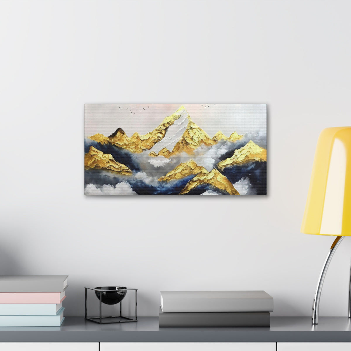 Mountaintop Landscape Birds Flying White Gold and Blue Painting Canvas Wall Art for Home Decor Ready-to-Hang-Express Your Love Gifts
