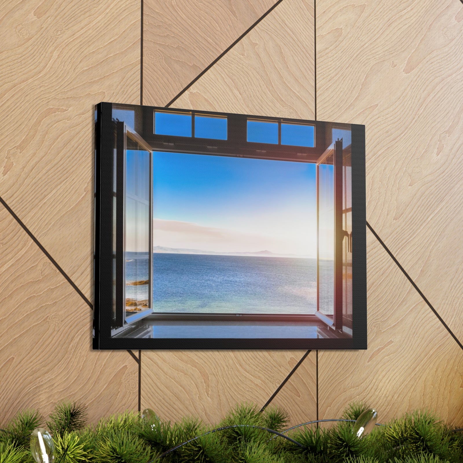 Dark Room Sunset Sea View Open Window Ocean Canvas Wall Art for Home Decor Ready-to-Hang-Express Your Love Gifts