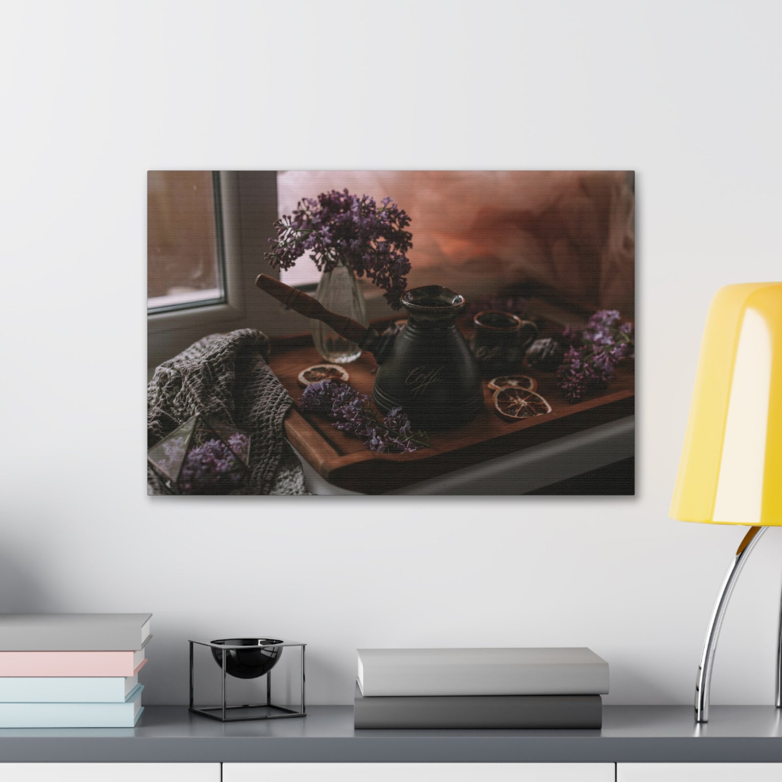 Coffee Chocolate Lilac Flowers On Wooden Tray Rustic Design Canvas Wall Art for Home Decor Ready-to-Hang-Express Your Love Gifts