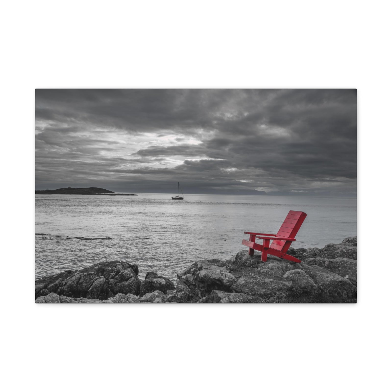Red Chair On Ocean Side Rocks Ocean Canvas Wall Art for Home Decor Ready-to-Hang-Express Your Love Gifts