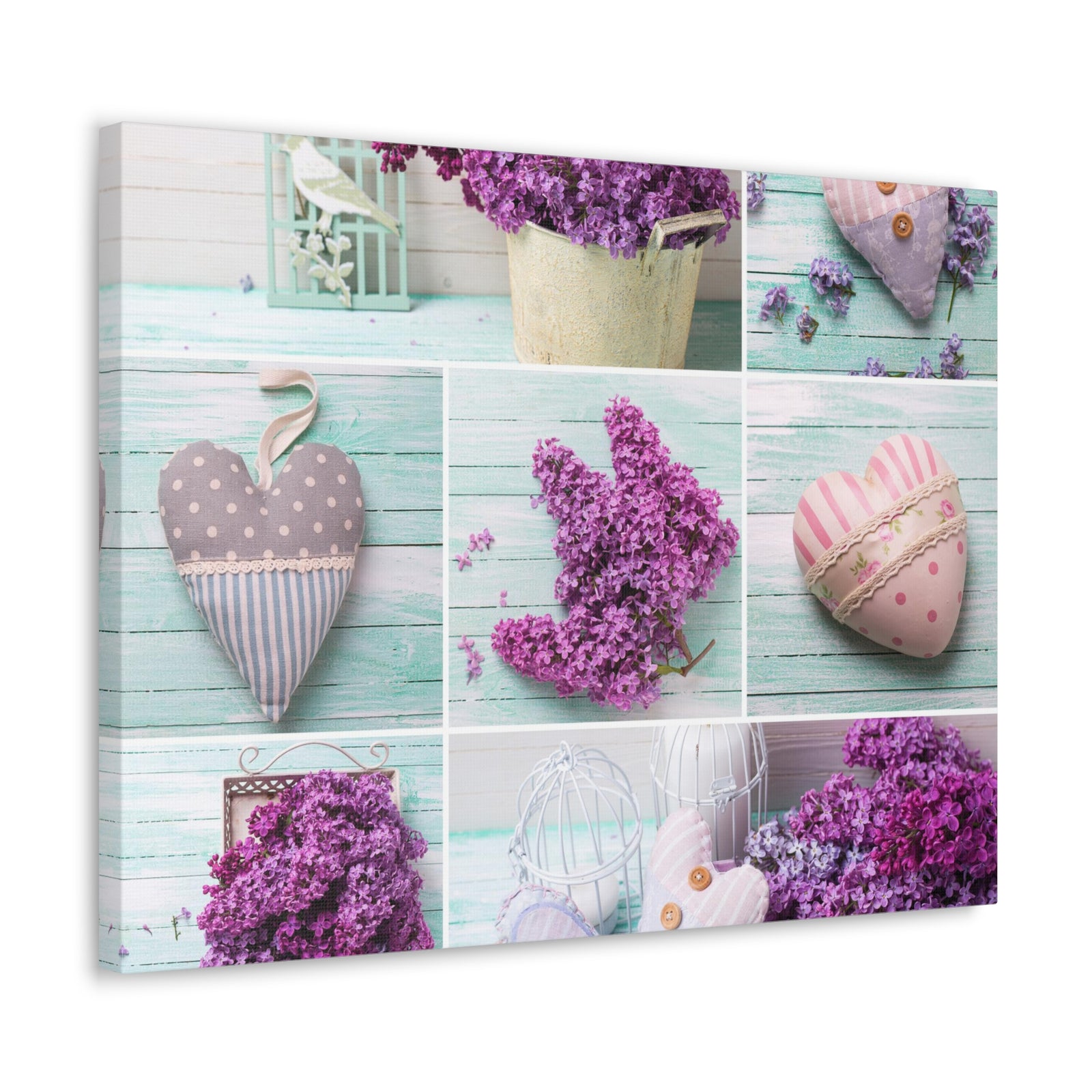 Lilac Flowers Decorative Hearts Collage On Wooden Plank Canvas Wall Art for Home Decor Ready-to-Hang-Express Your Love Gifts