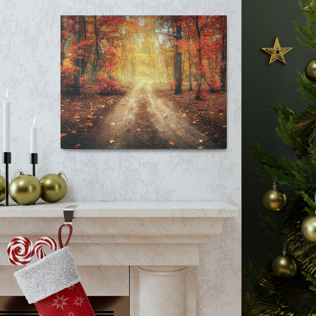 Autumn Forest Misty Orange Tree Path Nature Wilderness Photography Canvas Wall Art for Home Decor Ready-to-Hang-Express Your Love Gifts