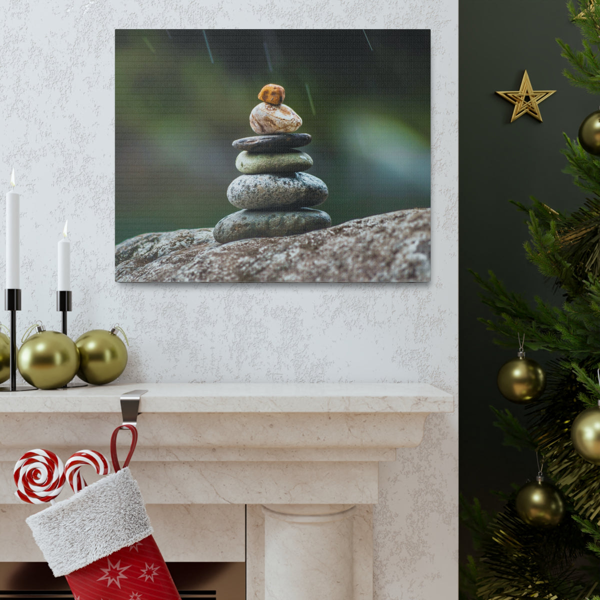 Rocks in Peaceful Rainforest Forest Floral Nature Photography Canvas Wall Art for Home Decor Ready-to-Hang-Express Your Love Gifts