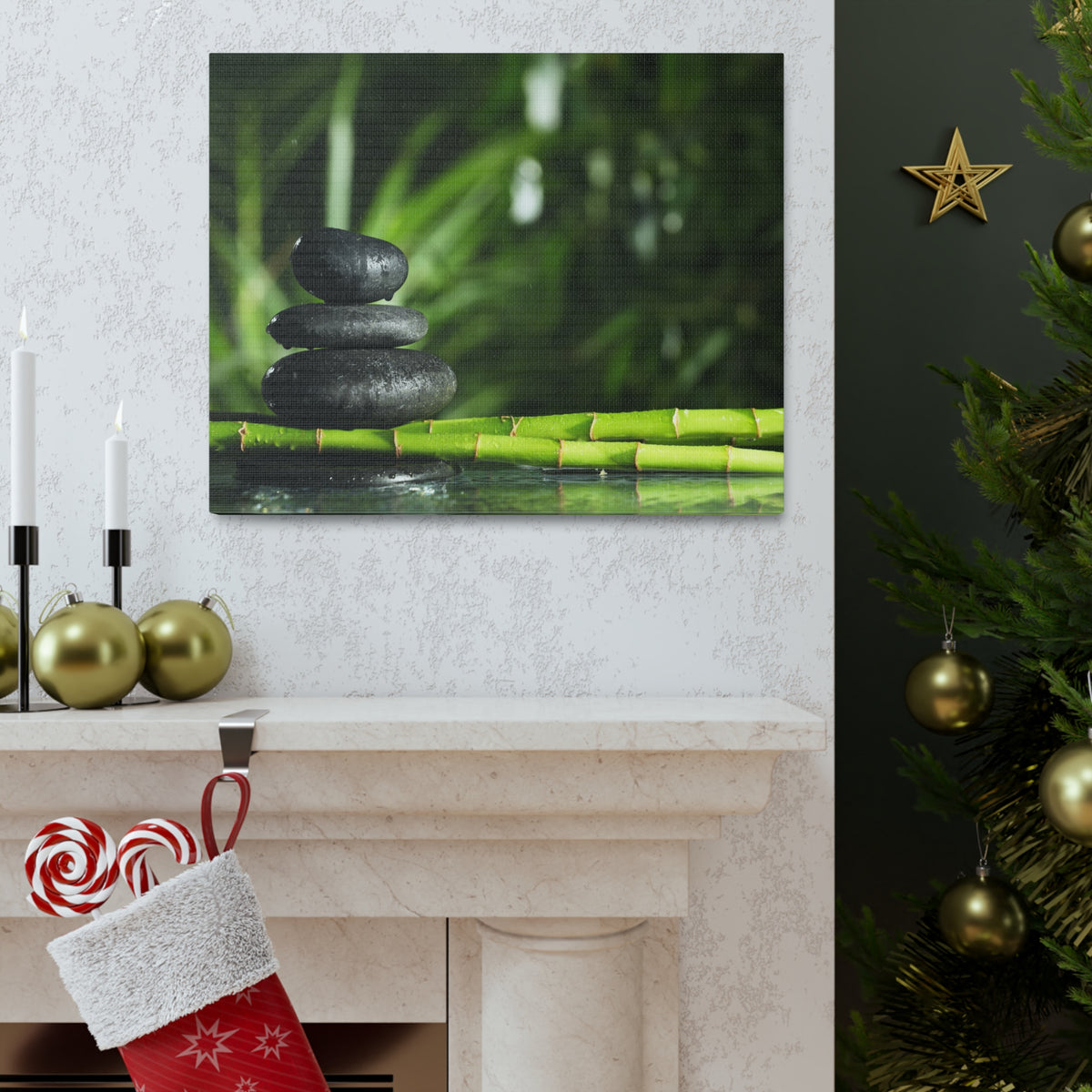 Stacked Stones on Bamboo Forest Floral Nature Photography Canvas Wall Art for Home Decor Ready-to-Hang-Express Your Love Gifts