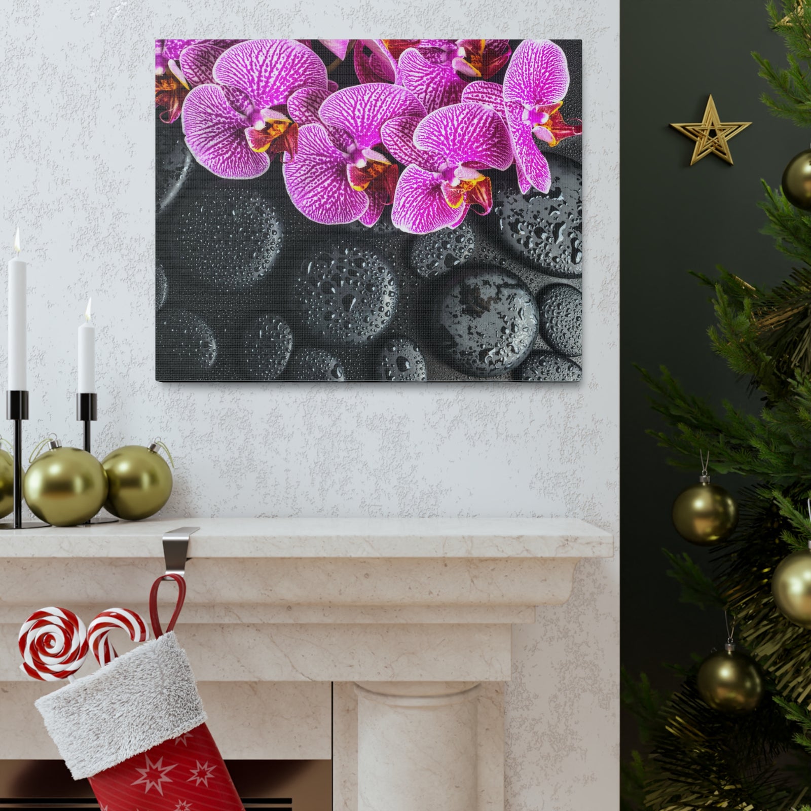 Violet Orchid on Stones Forest Floral Nature Photography Canvas Wall Art for Home Decor Ready-to-Hang-Express Your Love Gifts