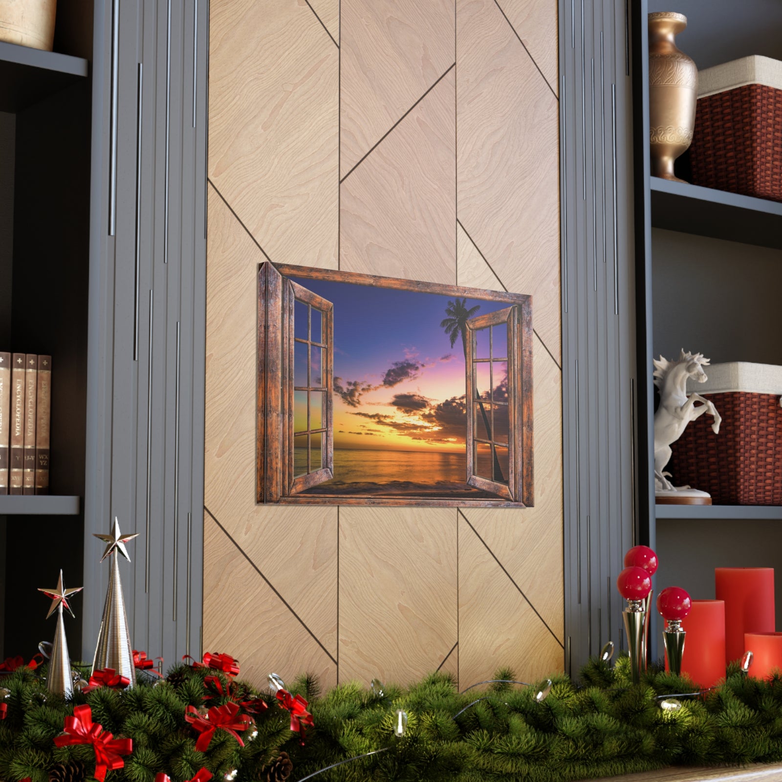 Canvas Print Wall Art Window Sunset Sea Nature Photography Realism Scenic Landscape Colorful Multicolor for Home Decor Ready to Hang-Express Your Love Gifts