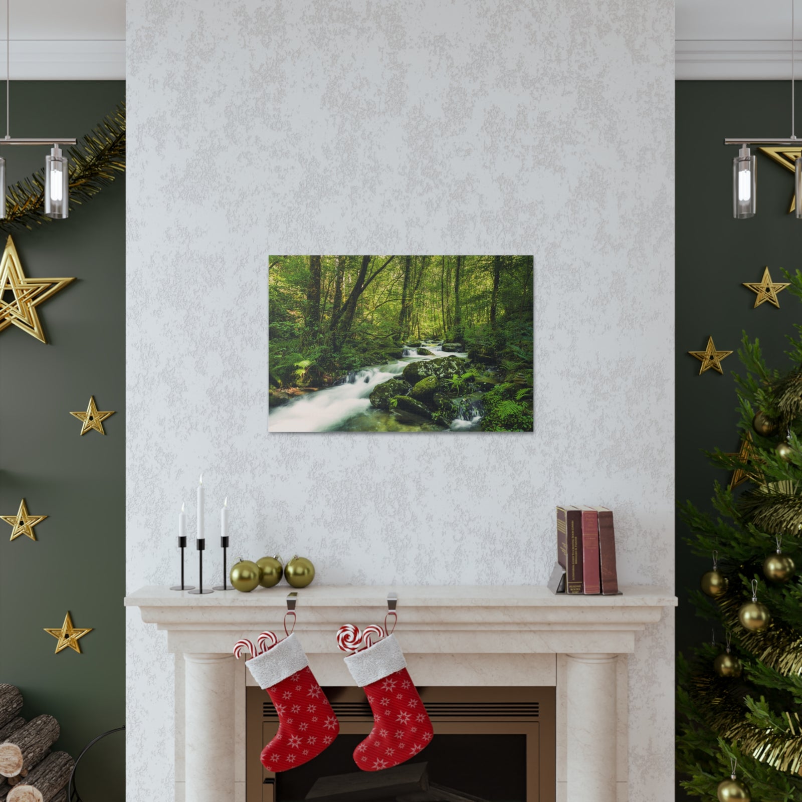 Green Forest River Nature Wilderness Photography Canvas Wall Art for Home Decor Ready-to-Hang-Express Your Love Gifts