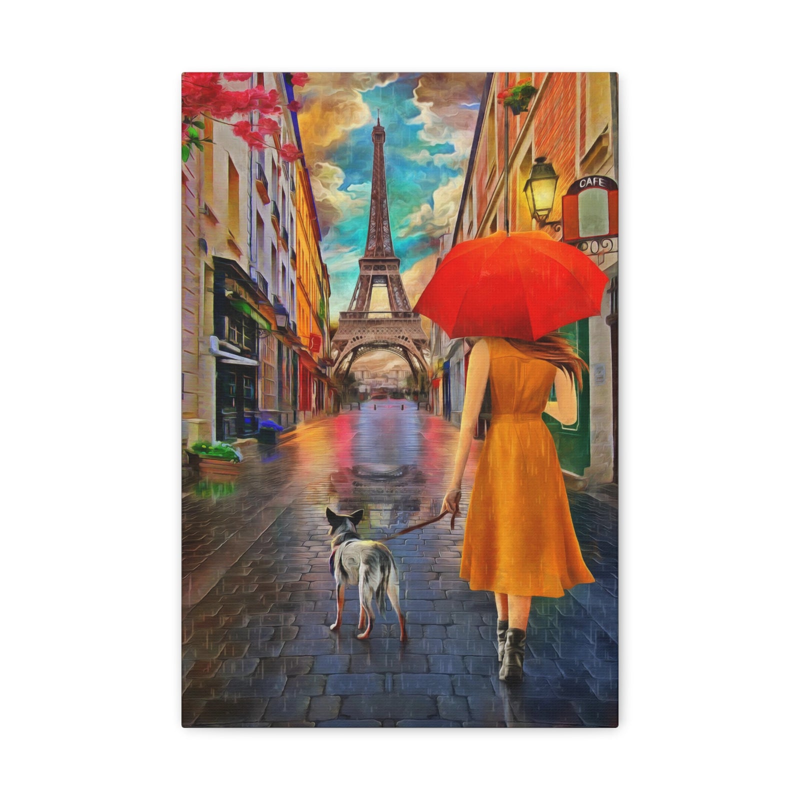 Paris Yellow Dress Red Umbrella Paris Eiffel Tower Couple France Canvas Artwork High-Quality Breathtaking French City for Home Decor Ready to Hang-Express Your Love Gifts