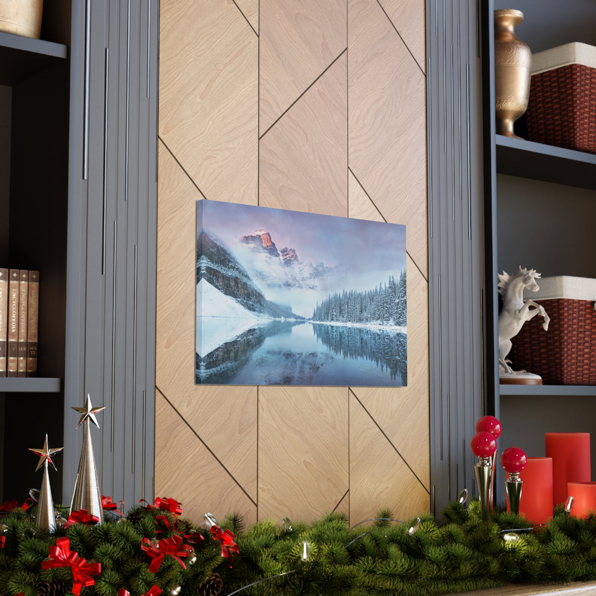 Mountain Winter Lake Pine Tree Nature Wilderness Photography Canvas Wall Art for Home Decor Ready-to-Hang-Express Your Love Gifts