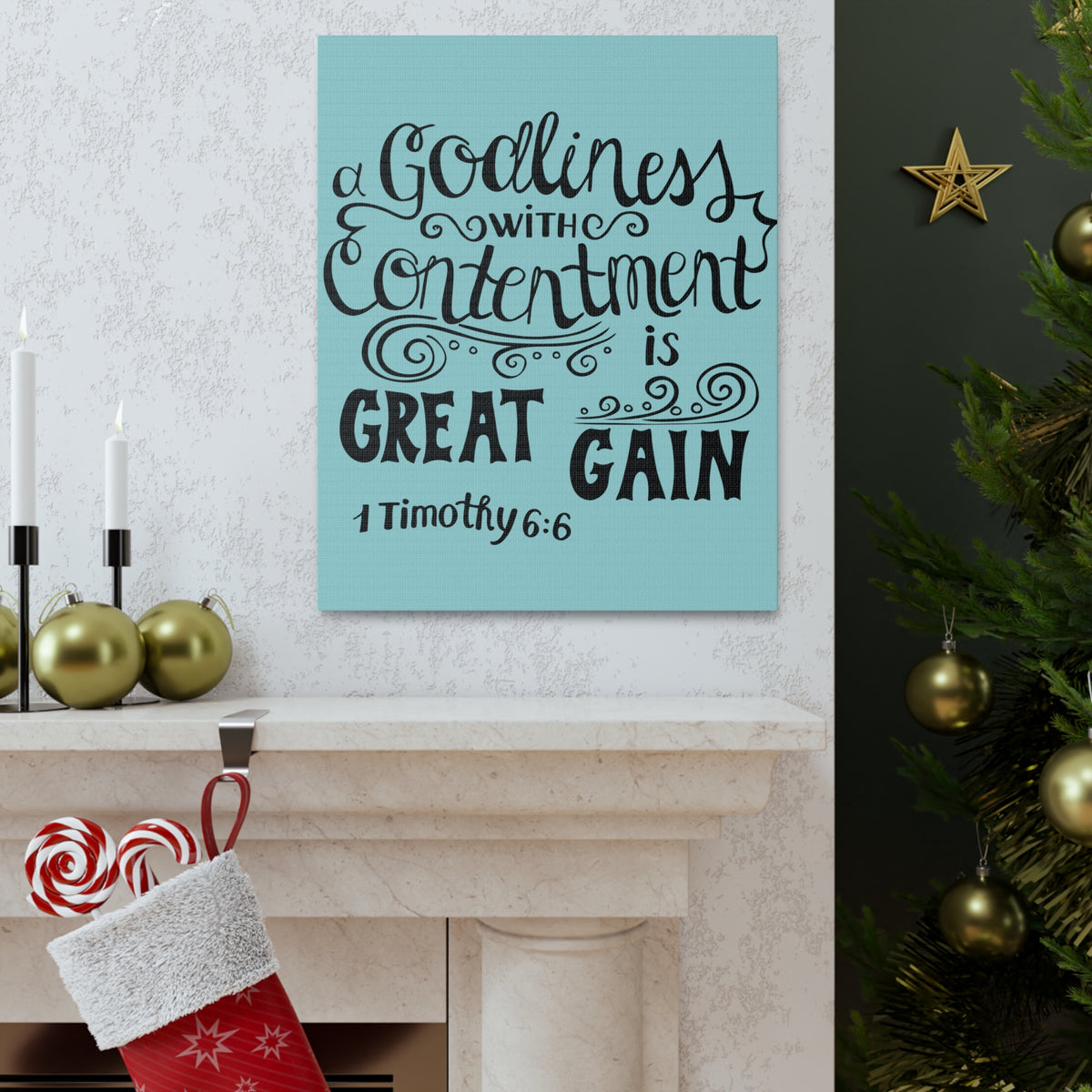 Scripture Canvas Godliness With Contentment 1 Timothy 6:6 Christian Wall Art Bible Verse Print Ready To Hang-Express Your Love Gifts