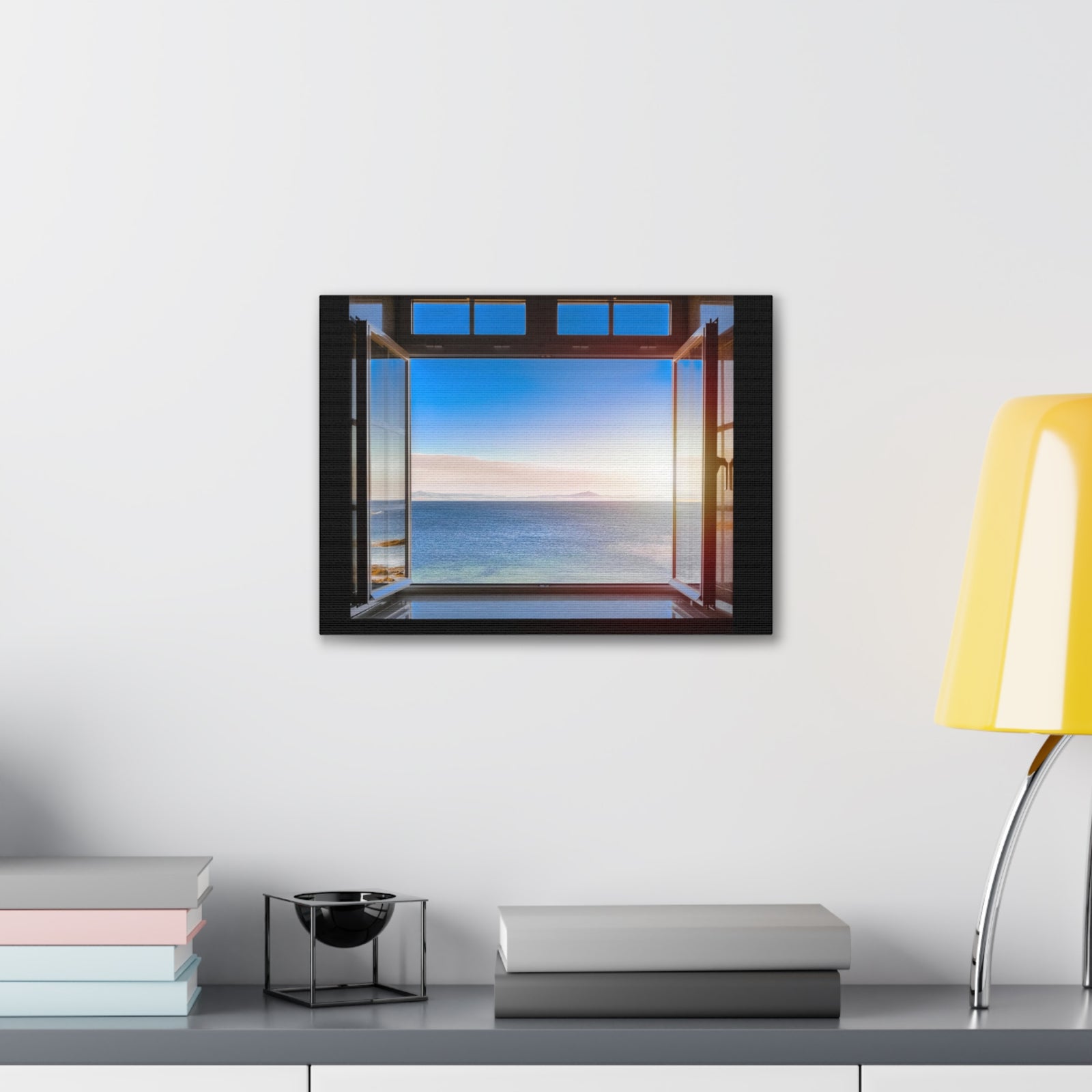 Dark Room Sunset Sea View Open Window Ocean Canvas Wall Art for Home Decor Ready-to-Hang-Express Your Love Gifts