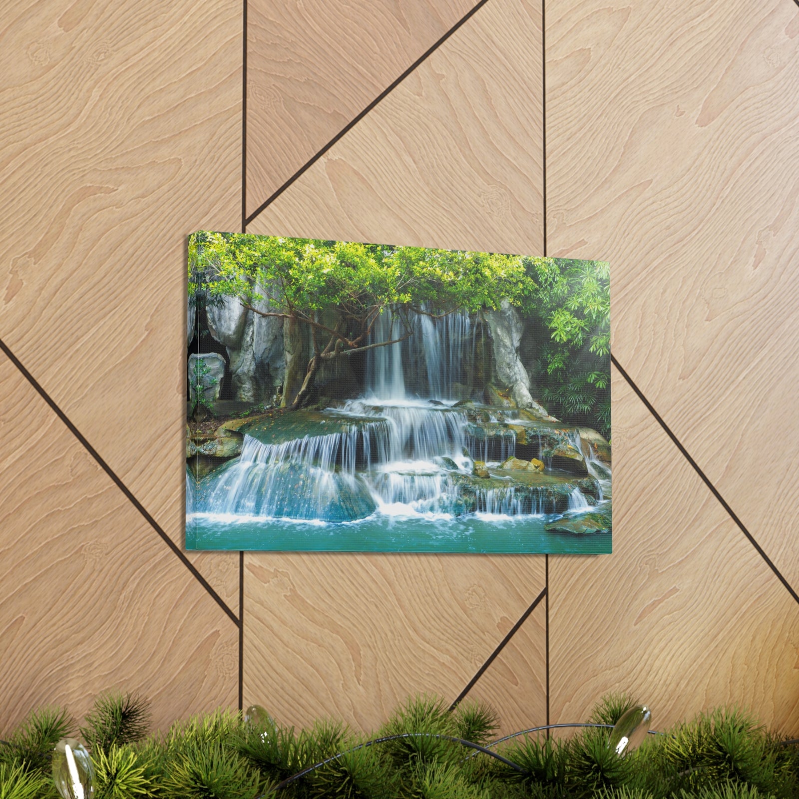 Forest Jungle Cascading Waterfall Nature Wilderness Photography Canvas Wall Art for Home Decor Ready-to-Hang-Express Your Love Gifts