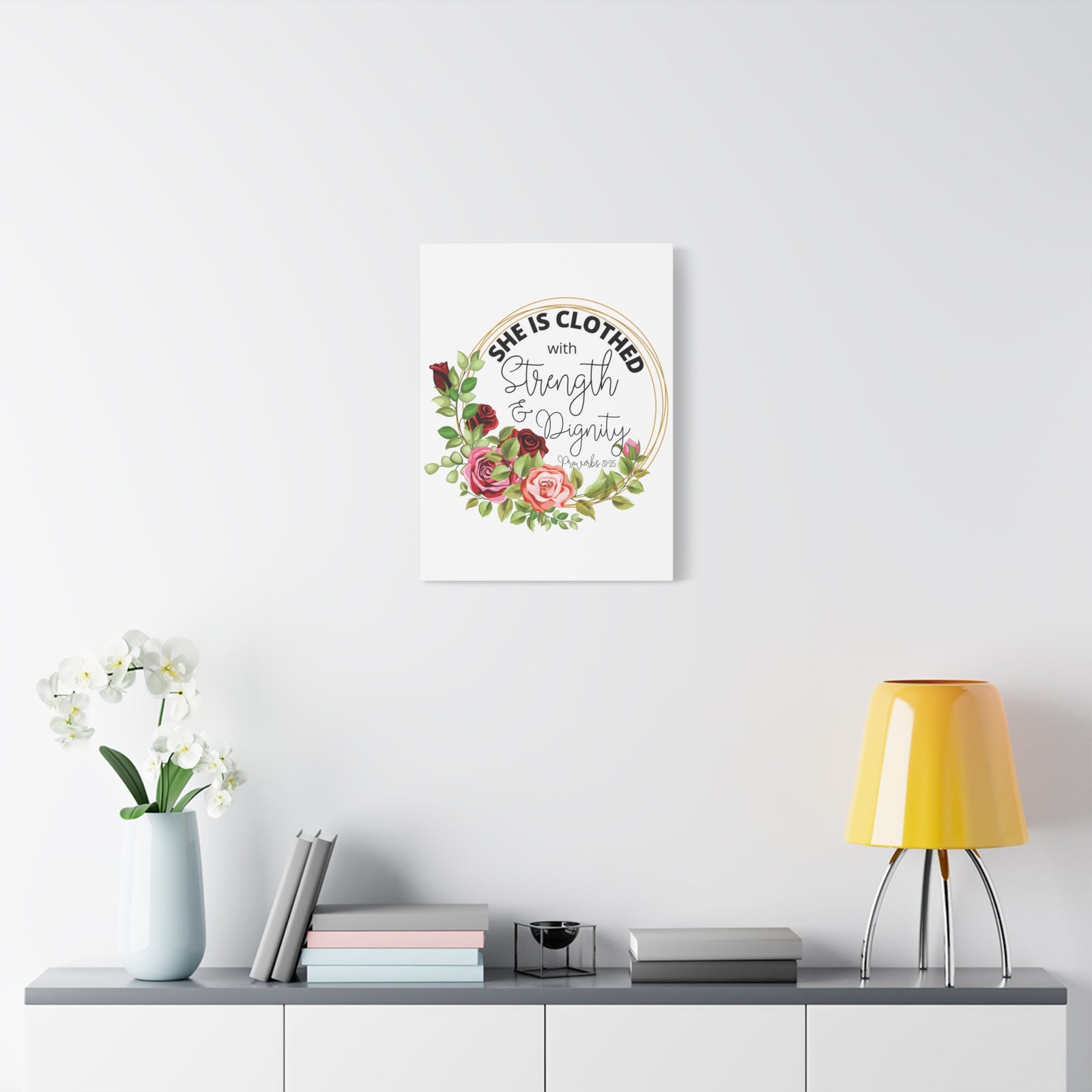 Scripture Walls Proverbs 31:25 Strength and Dignity Floral Wreath Bible Verse Canvas Christian Wall Art Ready to Hang Unframed-Express Your Love Gifts