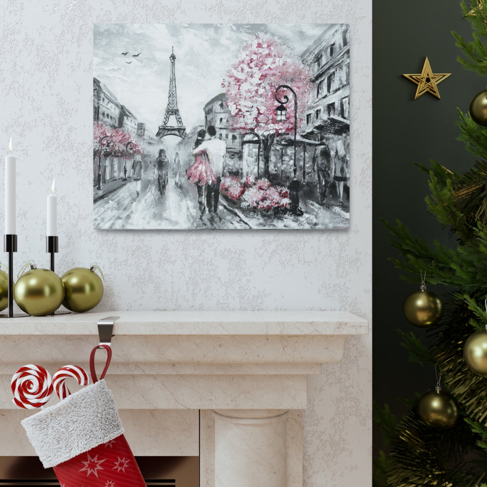 Couple Hug Pink Paris France Canvas Artwork High-Quality Breathtaking French City for Home Decor Ready to Hang-Express Your Love Gifts