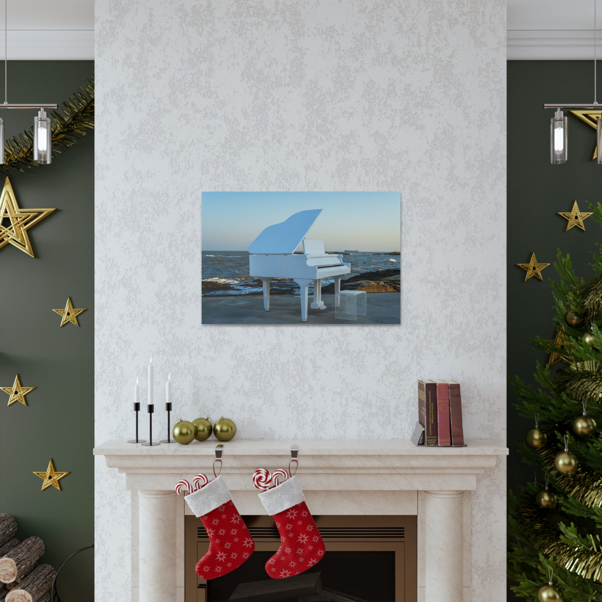 Piano White On Beach Music Lover's Delight Piano Keyboard Canvas Wall Art for Home Decor Ready-to-Hang-Express Your Love Gifts