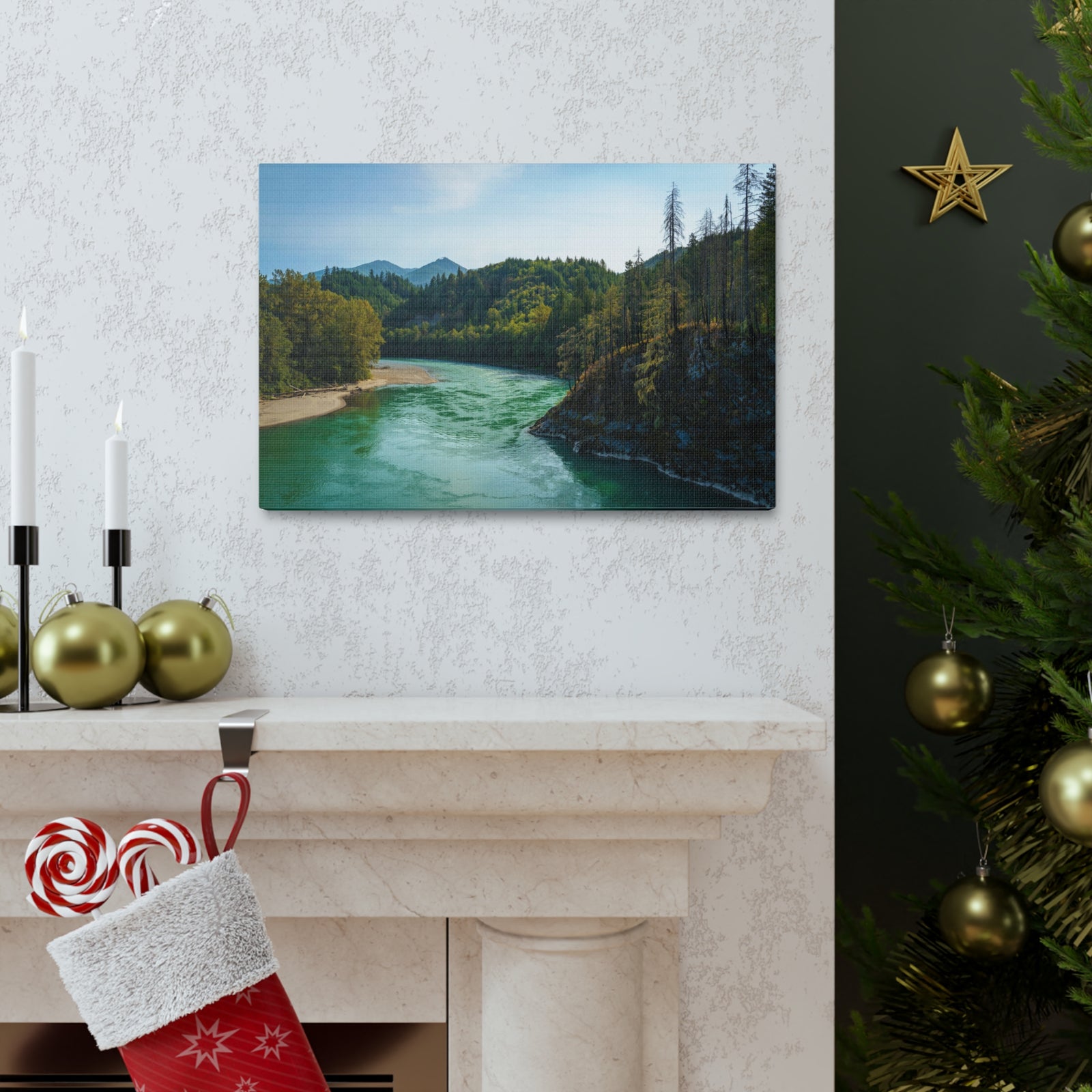 River Through Pine Tree Green Forest Nature Wilderness Photography Canvas Wall Art for Home Decor Ready-to-Hang-Express Your Love Gifts