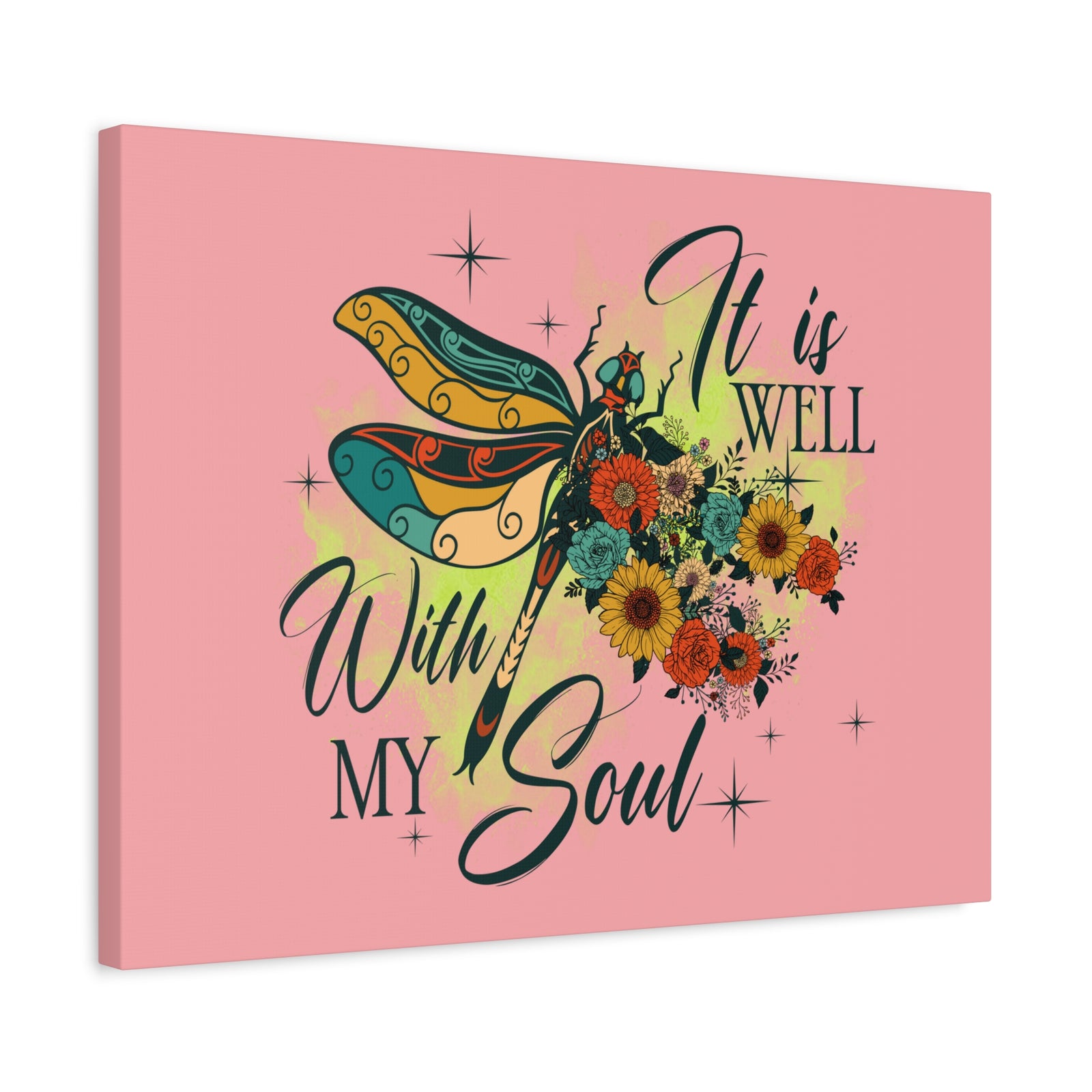 Scripture Canvas It Is Well Psalm 42:7 Dragonfly Green Christian Wall Art Bible Verse Print Ready to Hang-Express Your Love Gifts