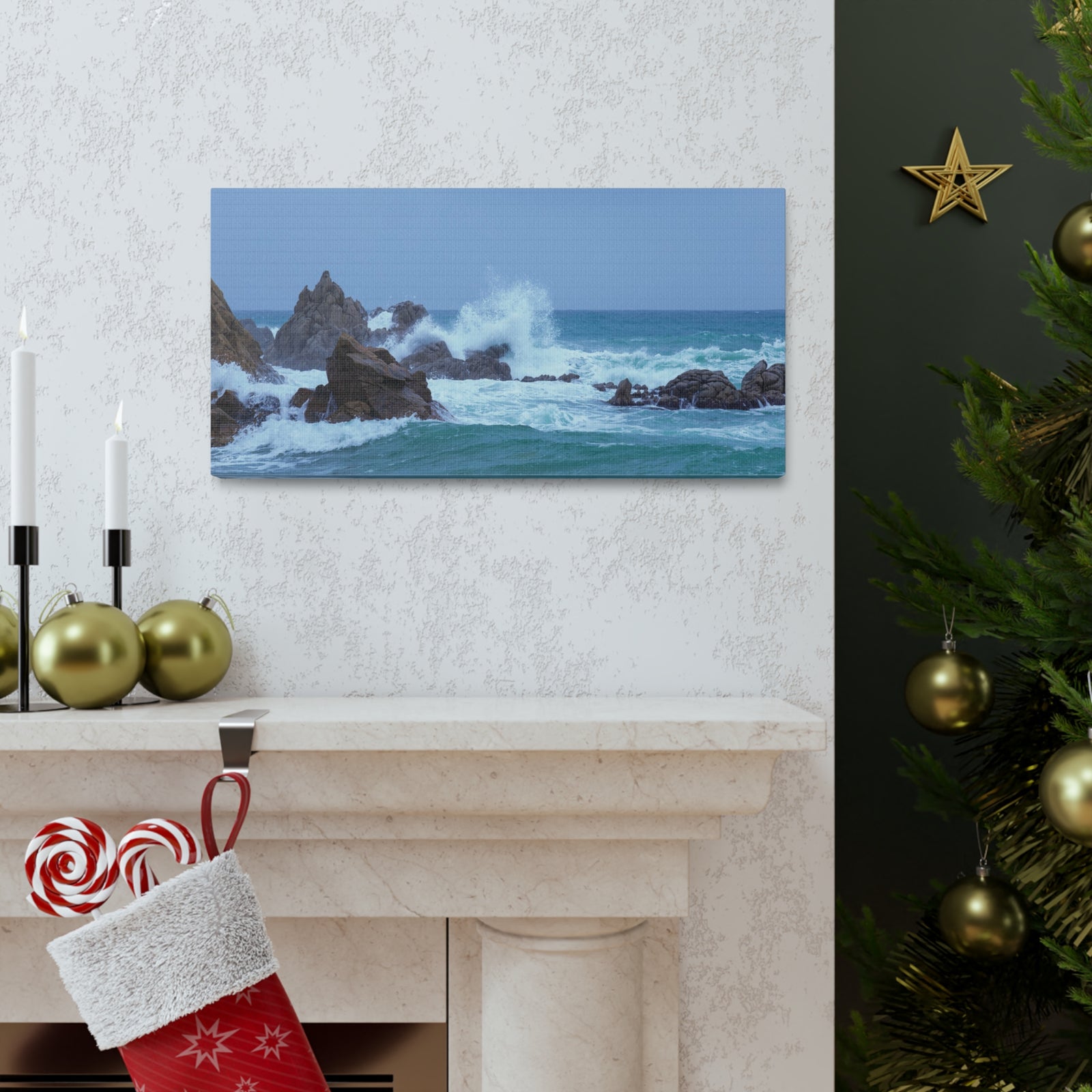 Sea Waves Crash Against Rocks Large Splashes Ocean Canvas Wall Art for Home Decor Ready-to-Hang-Express Your Love Gifts