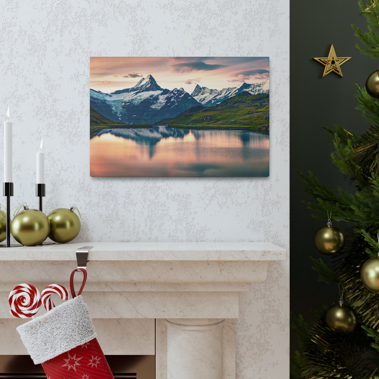 Snow Mountain Lake Summer Nature Wilderness Photography Canvas Wall Art for Home Decor Ready-to-Hang-Express Your Love Gifts