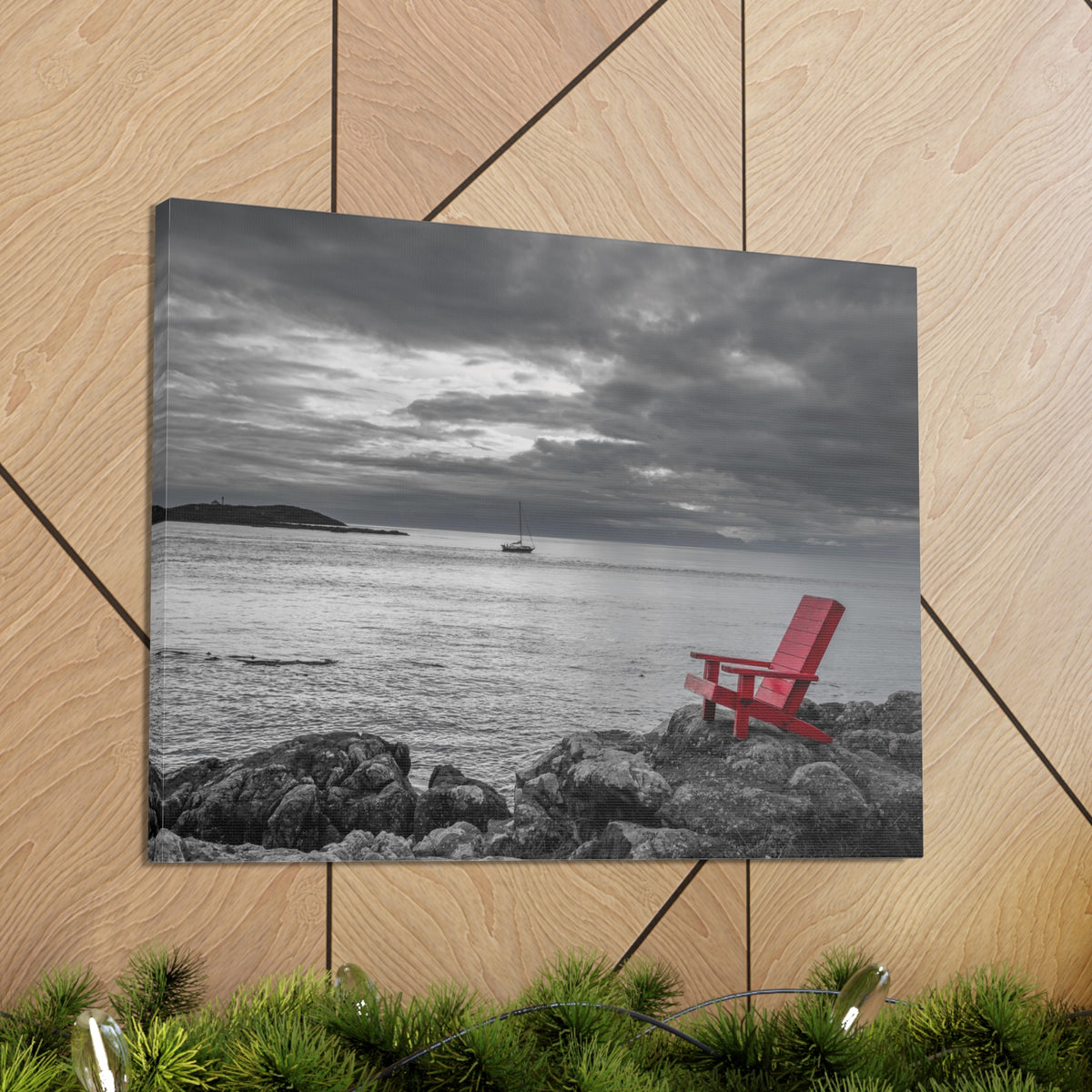 Red Chair On Ocean Side Rocks Ocean Canvas Wall Art for Home Decor Ready-to-Hang-Express Your Love Gifts
